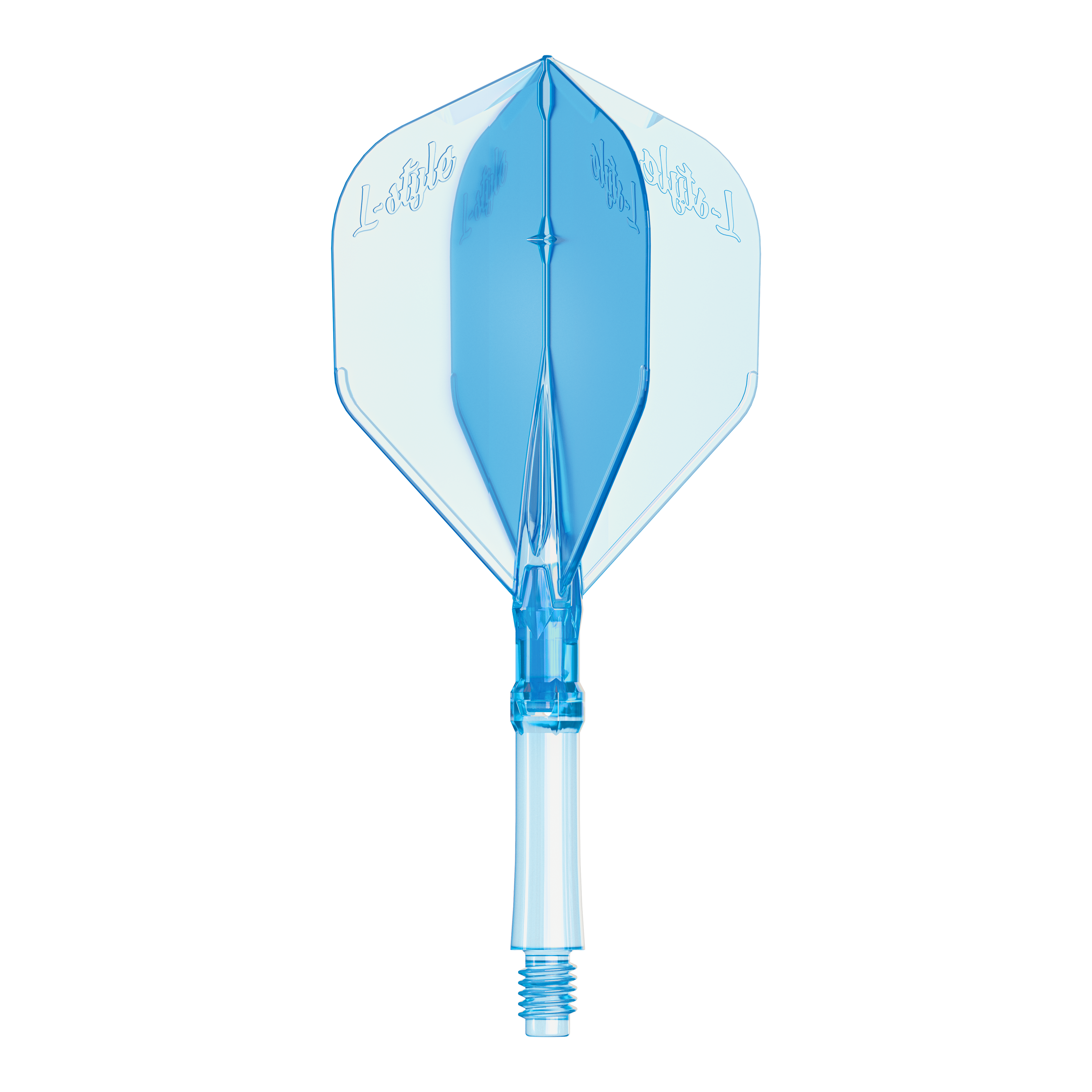 Abgebildet sind L-Style L-System Flights in klarer blauer Farbe, Größe Medium. Diese Flights dienen als Ersatzteile für Dartpfeile.