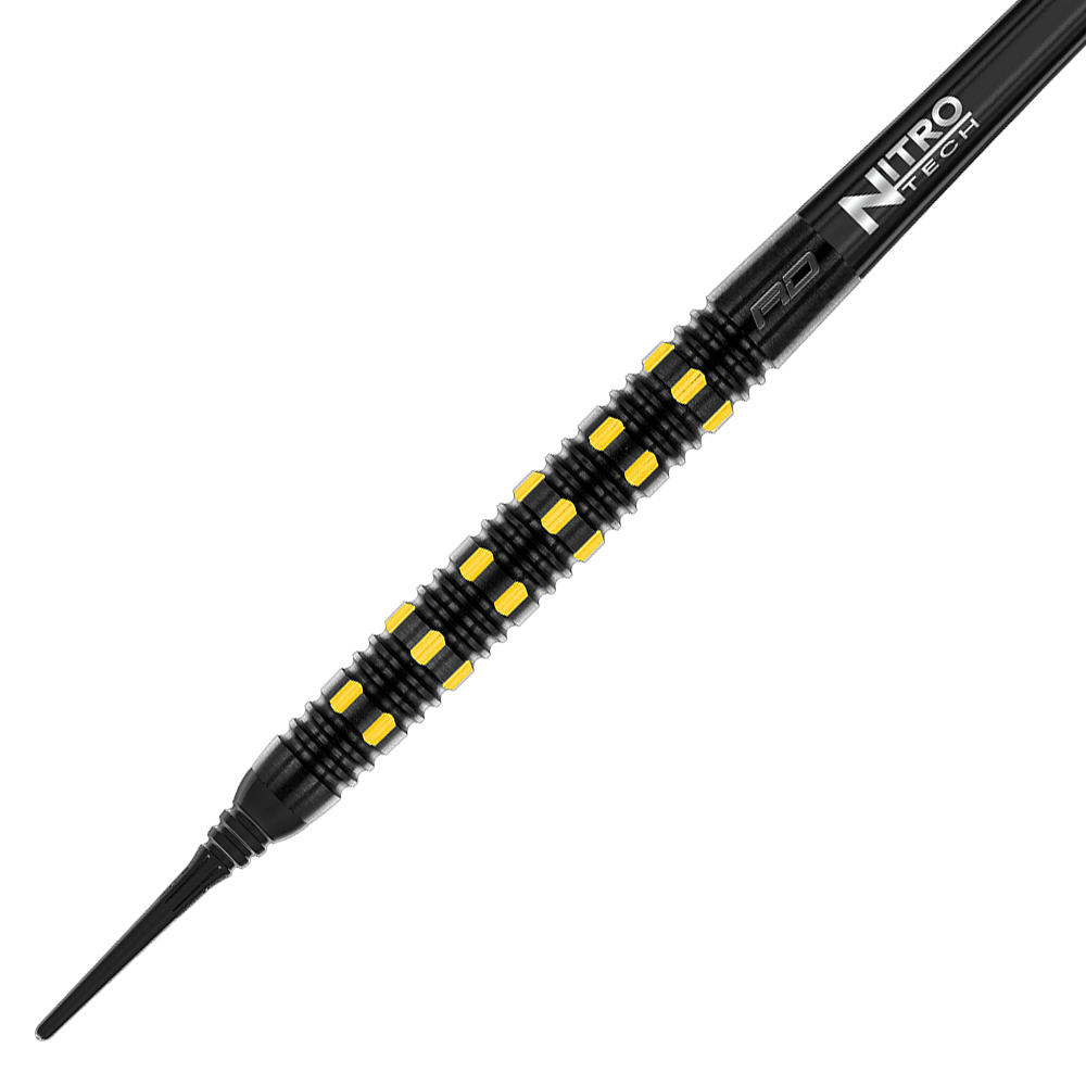 Das Bild zeigt einen Red Dragon Nirvana Softdart mit einem Gewicht von 20g. Der Dart ist schwarz mit gelben Akzenten und hat eine griffige Struktur.