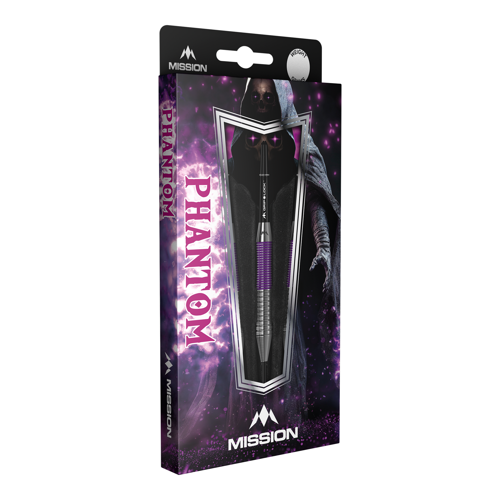 Mission Phantom Brass Steel Darts - 22g Die Abbildung zeigt die Verpackung der "Mission Phantom Brass Steeldarts - 22g". Die Verpackung ist überwiegend lila und schwarz gestaltet und zeigt einen Dartpfeil sowie eine geheimnisvolle, schattenhafte Figur im Hintergrund.