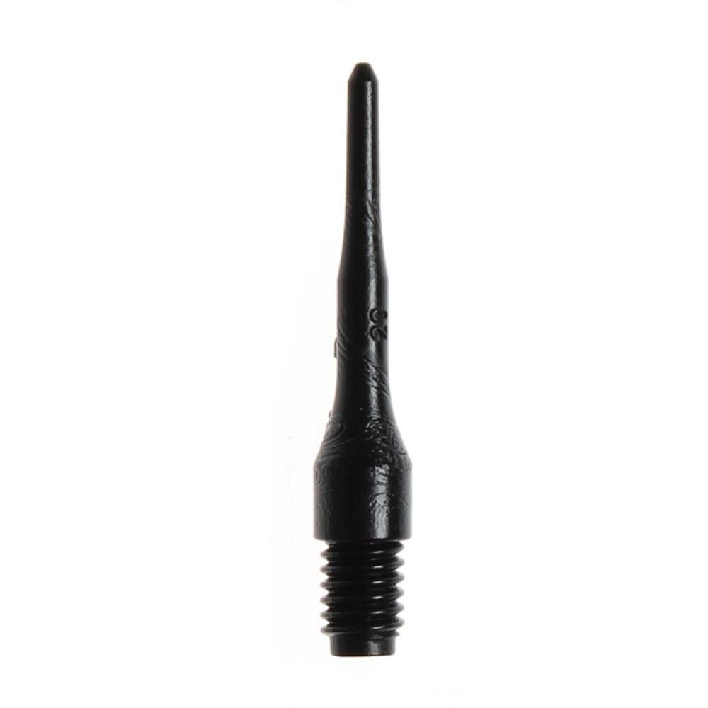 Evo-Long-Spitze-Schwarz Das Bild zeigt eine einzelne, schwarze Dartspitze mit Schraubgewinde. Es handelt sich um das Produkt "Evolution LONG-Spitzen (500er Pack)".