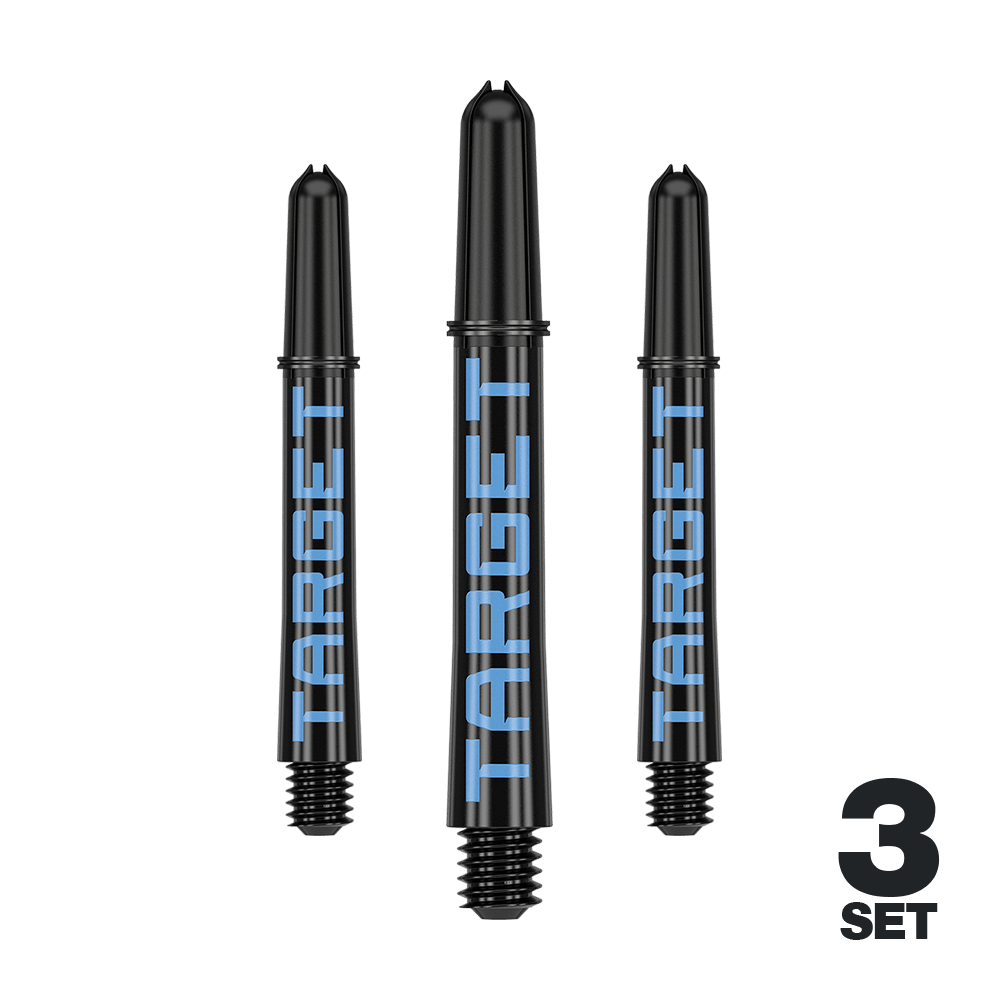 Target Pro Grip TAG Shafts - 3 Sets - Black Blue Das Bild zeigt drei schwarze Dartschäfte mit blauer Aufschrift "TARGET". Unten rechts steht "3 SET", was auf ein Set aus drei Stück hinweist.