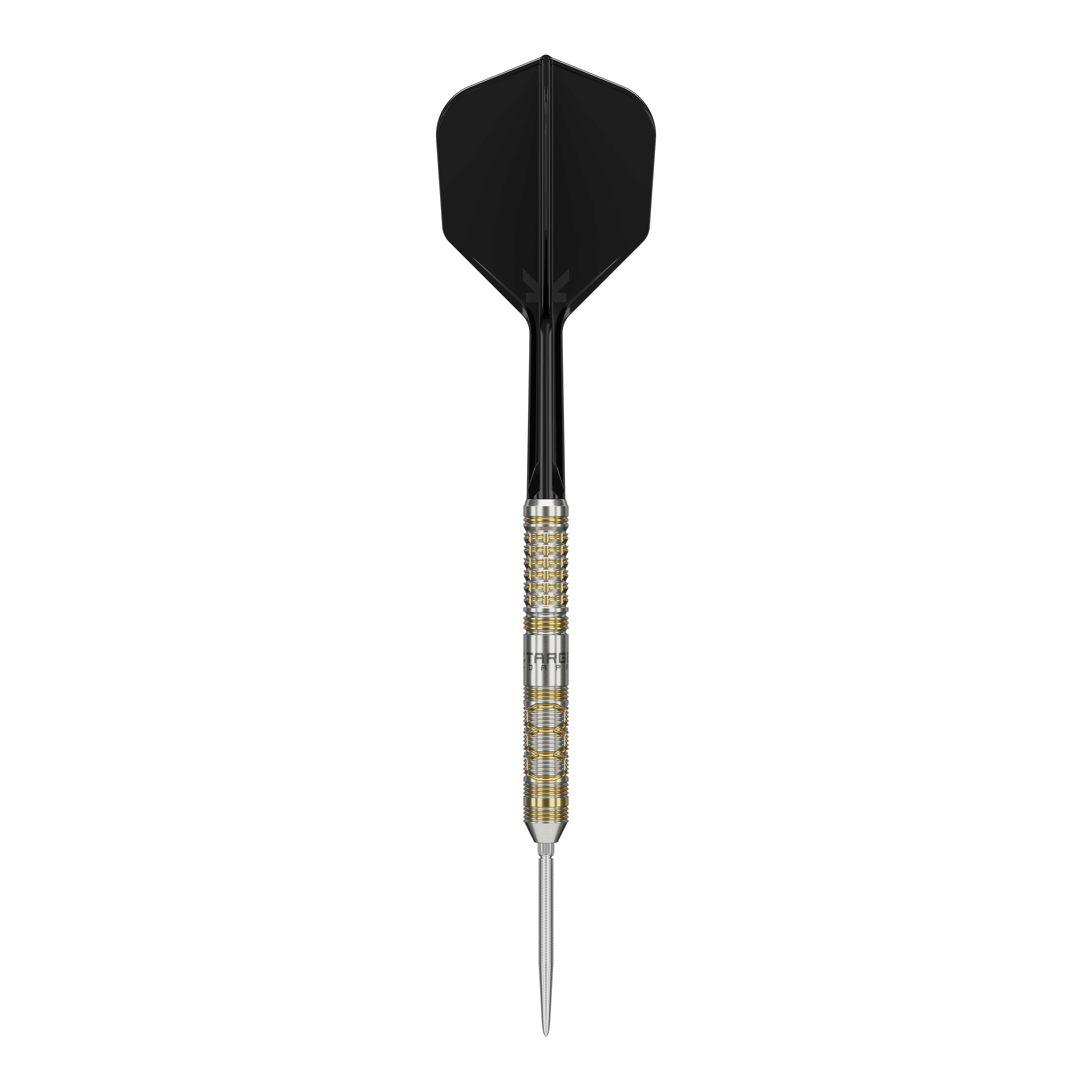 Das Bild zeigt einen Steeldart mit schwarzem Flight und gold-silbernem Barrel. Es handelt sich um das Produkt "Target Japan Black Marque Reyn GEN2 Steeldarts".