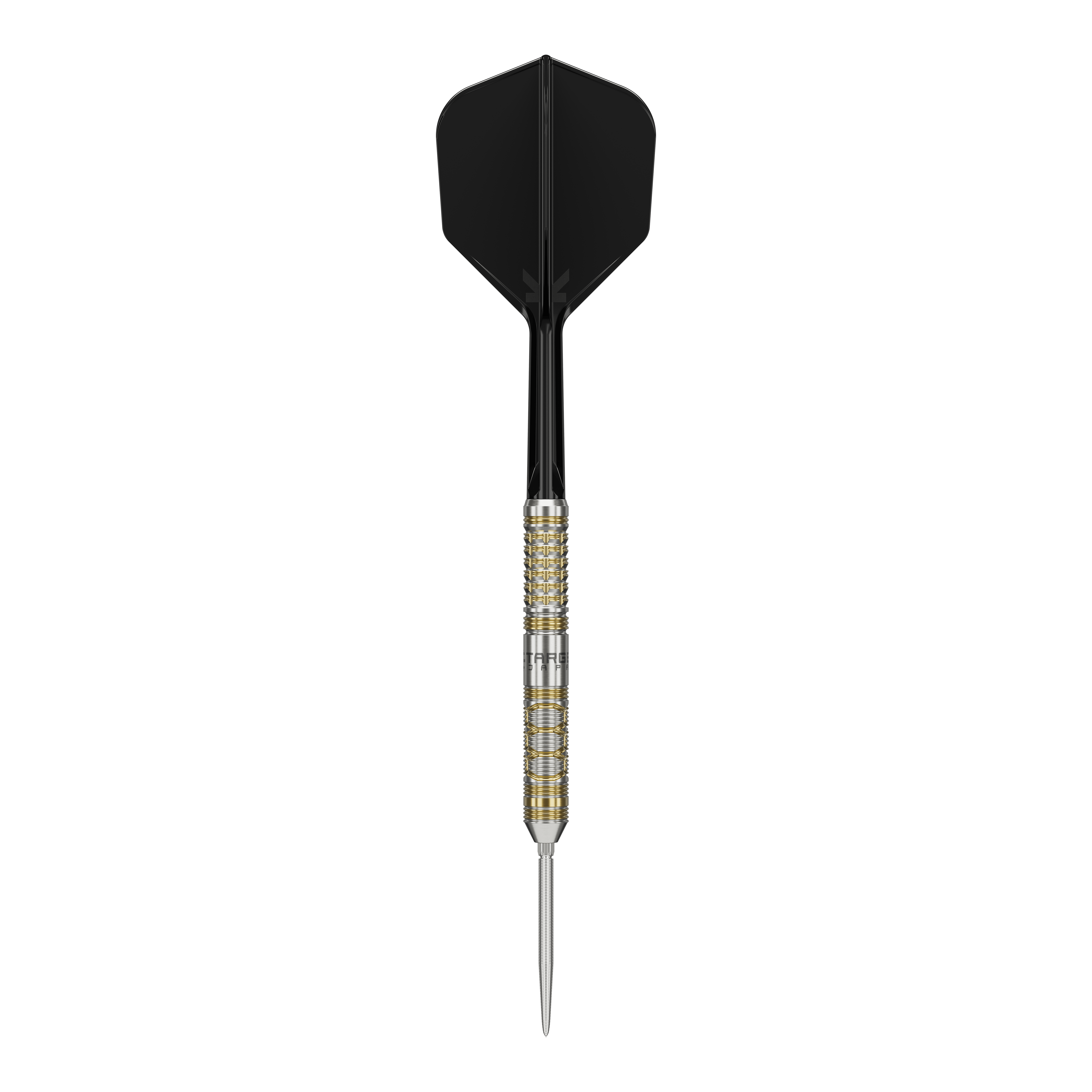 Target Japan Black Marque Reyn GEN2 steel darts Das Bild zeigt einen Steeldart mit schwarzem Flight und gold-silbernem Barrel. Es handelt sich um das Produkt "Target Japan Black Marque Reyn GEN2 Steeldarts".