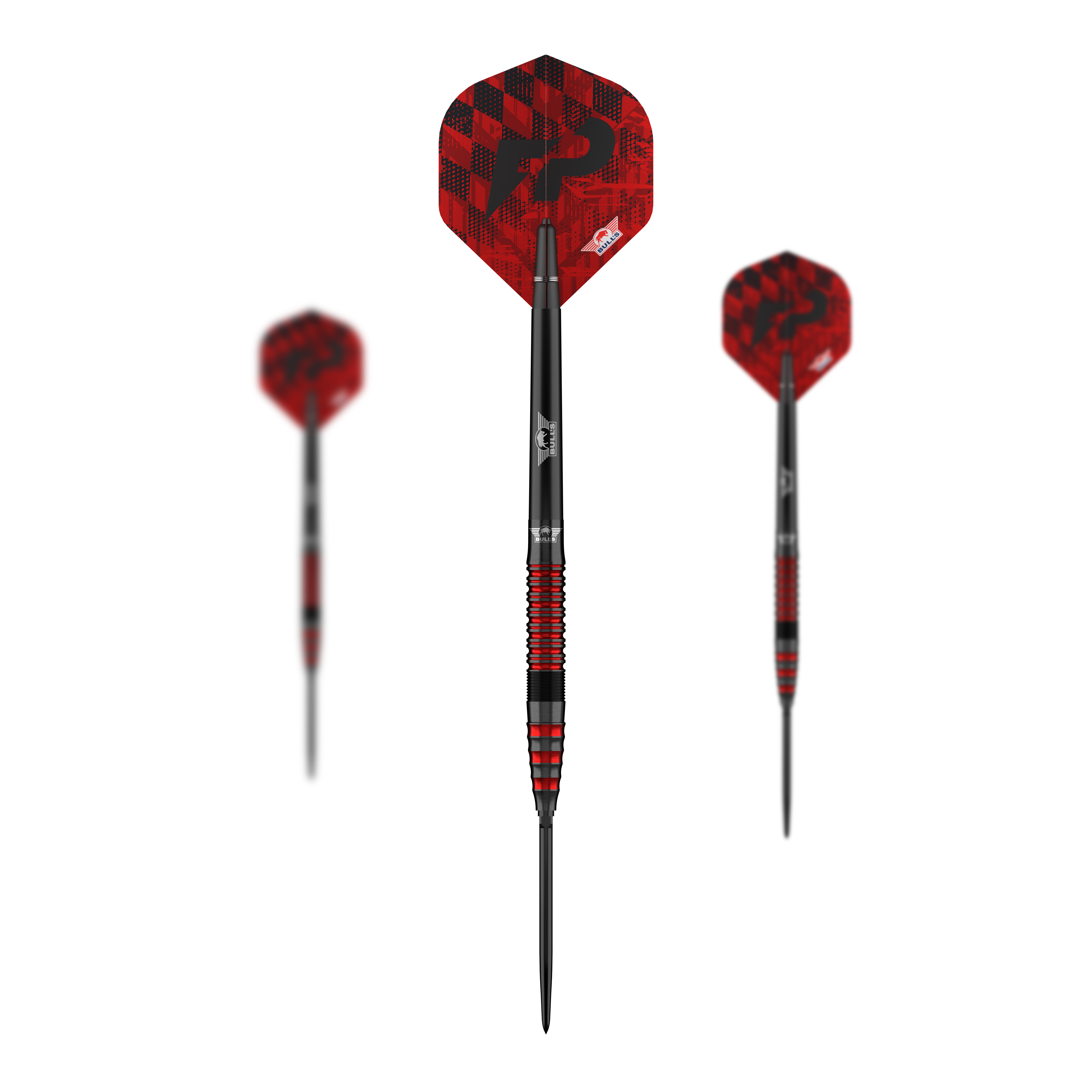 Bulls NL Florian Price 90 Convertible Point Steeldarts Das Bild zeigt das komplette Set Bulls NL Florian Preis 90 Convertible Point Steeldarts. Die Darts sind silberfarben.
