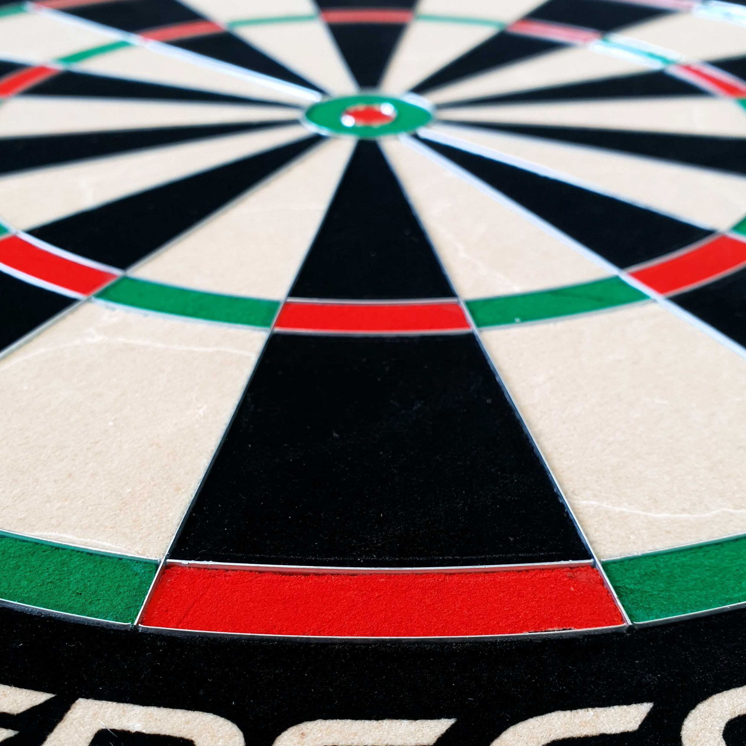 GOAT Everscore Steel Dartboard Das Bild zeigt ein GOAT Everscore Steeldartboard aus nächster Nähe. Die farbigen Felder und der Mittelpunkt sind deutlich erkennbar.