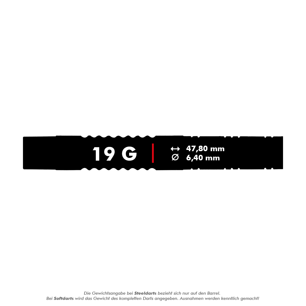 06033_Unicorn_Autograph_Softdarts_5_19g Das Bild zeigt Informationen zu den Unicorn Autograph Softdarts mit einem Gewicht von 19 Gramm. Die Darts haben eine Länge von 47,80 mm und einen Durchmesser von 6,40 mm.