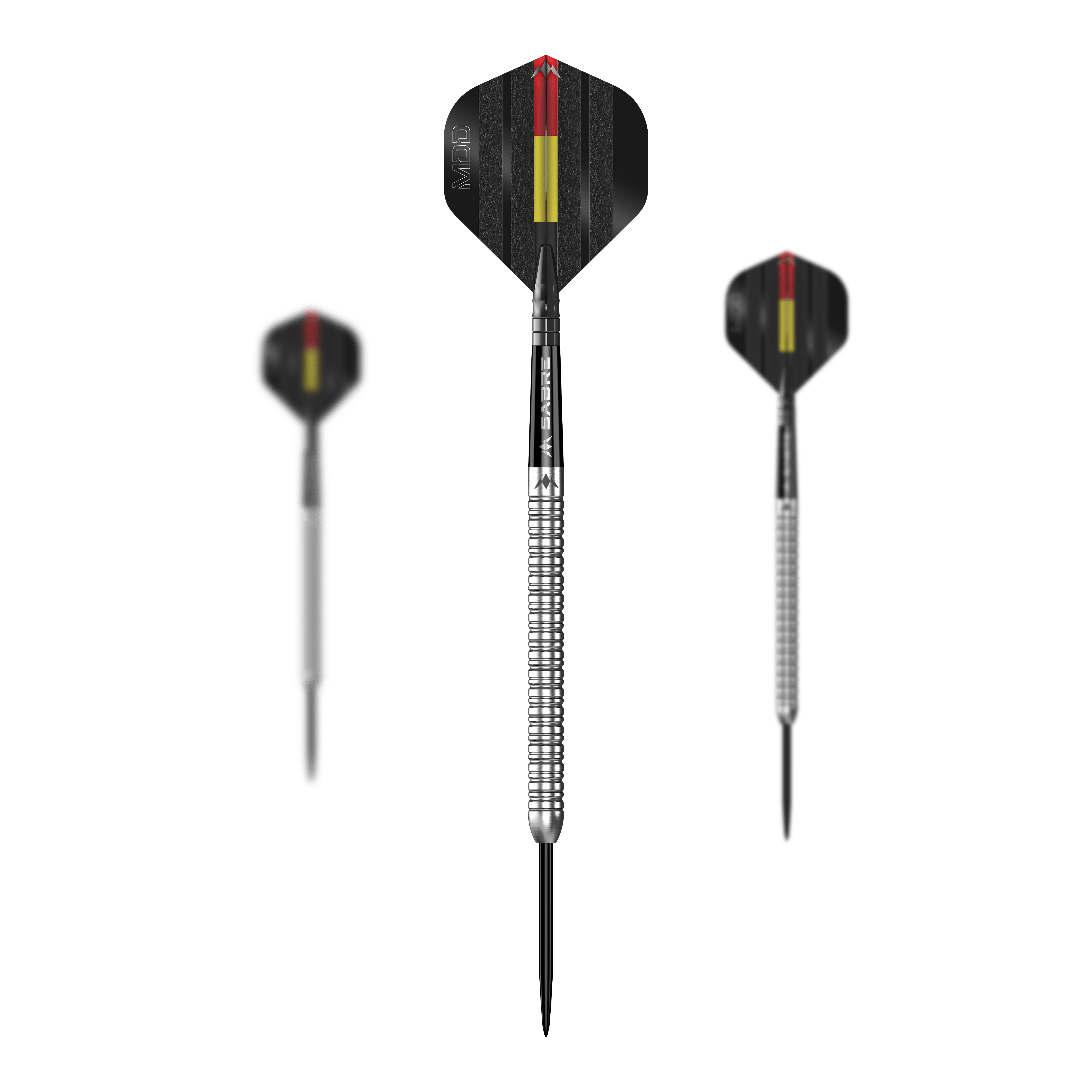 Das Bild zeigt drei silberne Steeldarts des Modells "Mission Mike De Decker MDD Silver". Die Flights sind schwarz mit roten und gelben Streifen gestaltet.