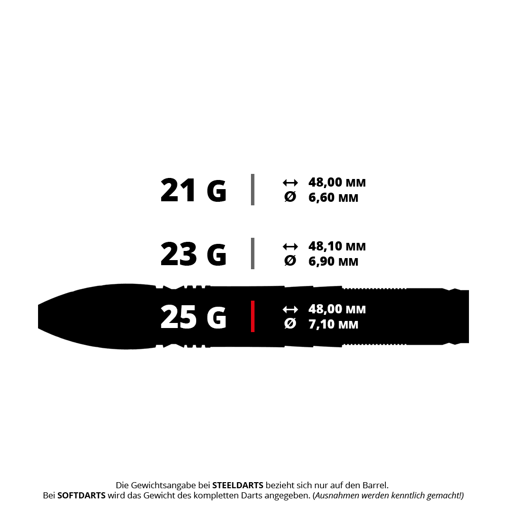 Das Bild zeigt drei verschiedene Steeldart-Modelle mit den Gewichten 21g, 23g und 25g sowie deren jeweilige Maße. Die Längen und Durchmesser der Barrels sind für jedes Gewicht angegeben.