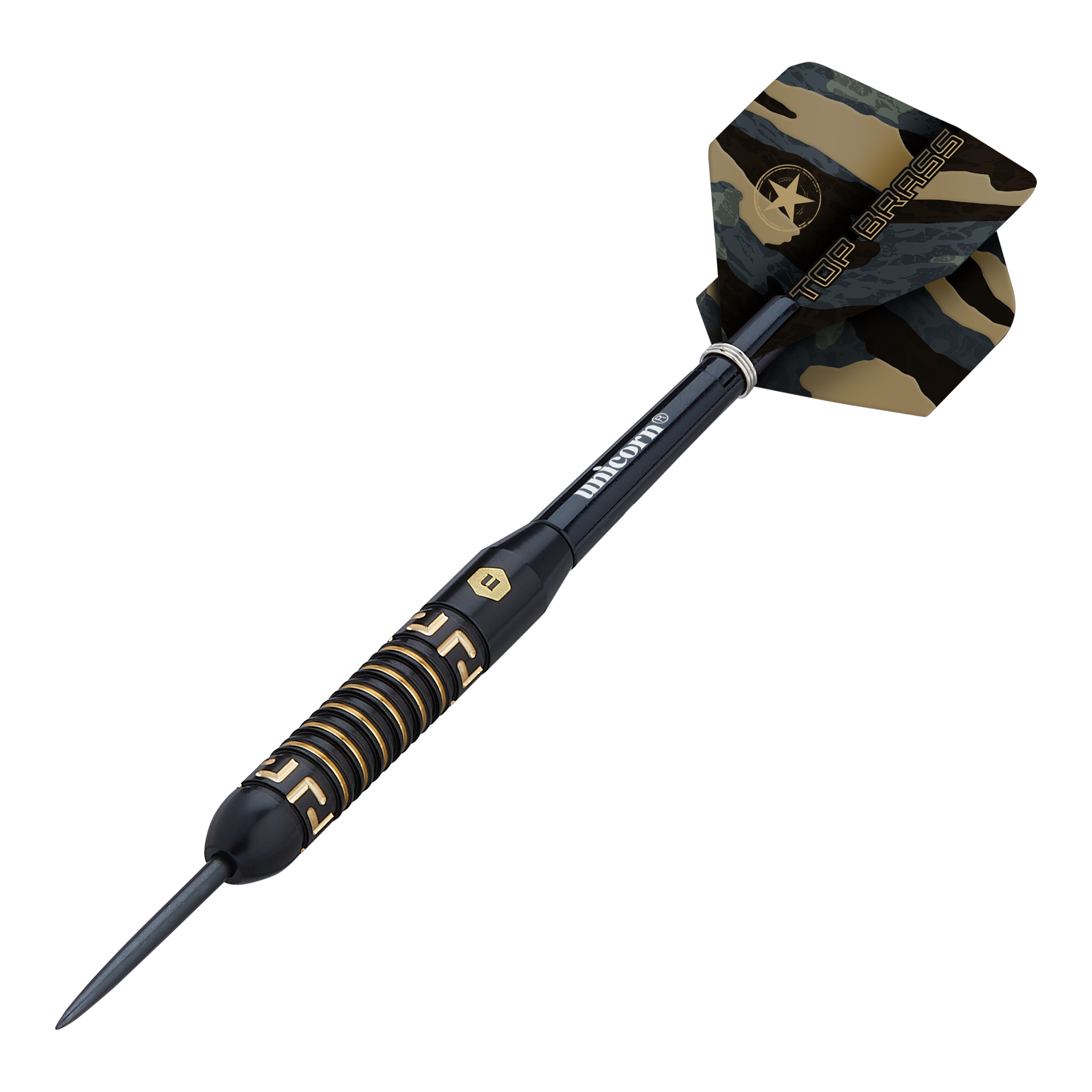 Unicorn Top Brass V1 Steeldarts - 20g Dies ist ein Steeldart namens "Unicorn Top Brass V1" mit einem Gewicht von 20g. Der Dart hat ein schwarzes und goldenes Design sowie einen Camouflage-Flügel mit der Aufschrift "Top Brass".