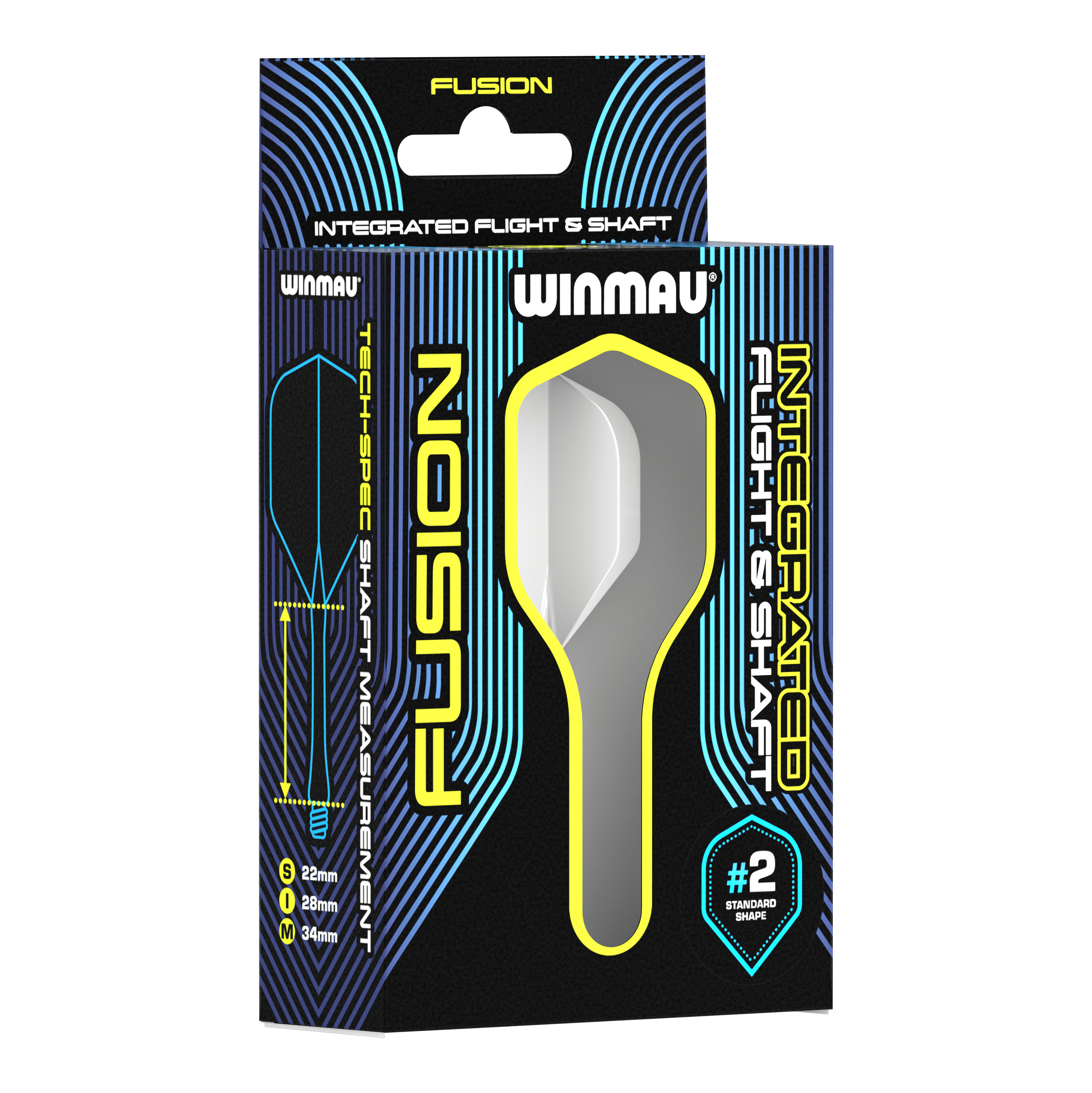 Winmau Fusion Flight Shaft System Standard White Auf dem Bild ist eine Verpackung des Winmau Fusion Integrated Flight & Shaft Systems in Weiß zu sehen. Die Verpackung zeigt einen 22 mm langen Schaft mit der Standardform #2.