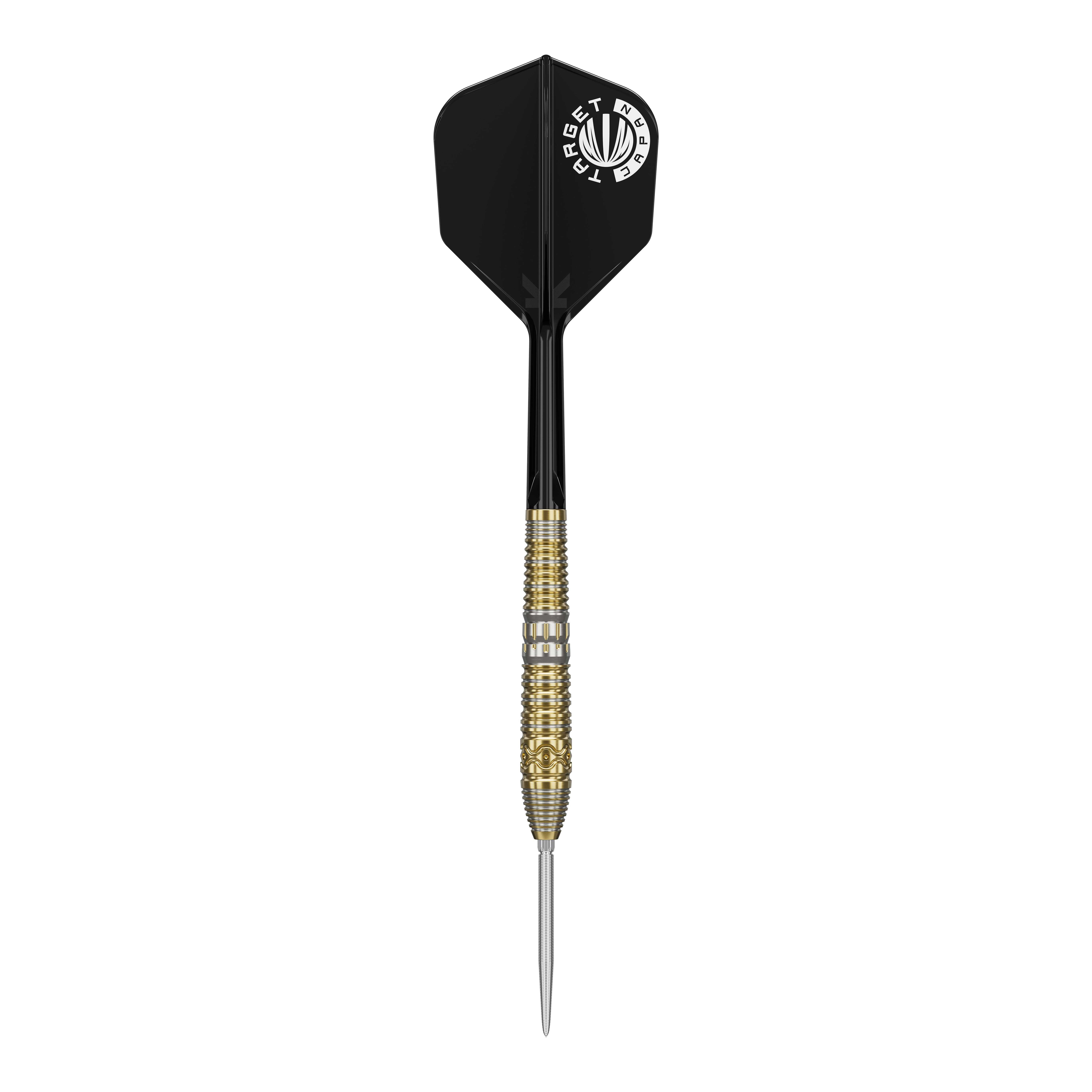 Target Japan Hot Shot GEN2 steel darts - 23g Das Bild zeigt einen Target Japan Hot Shot GEN2 Steeldart mit einem Gewicht von 23g. Der Dart hat eine goldene, strukturierte Spitze und schwarze Flights.