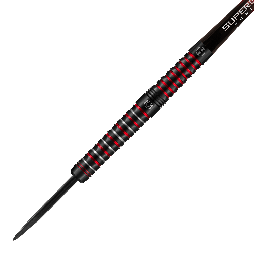HA16990-Harrows-Wolfram-Infinity-97-Tungsten-Steeldarts-2 Das Bild zeigt einen Harrows Wolfram Infinity 97% Tungsten Steeldart. Der Dart ist überwiegend schwarz mit roten Akzenten und einem griffigen, gerillten Barrel.