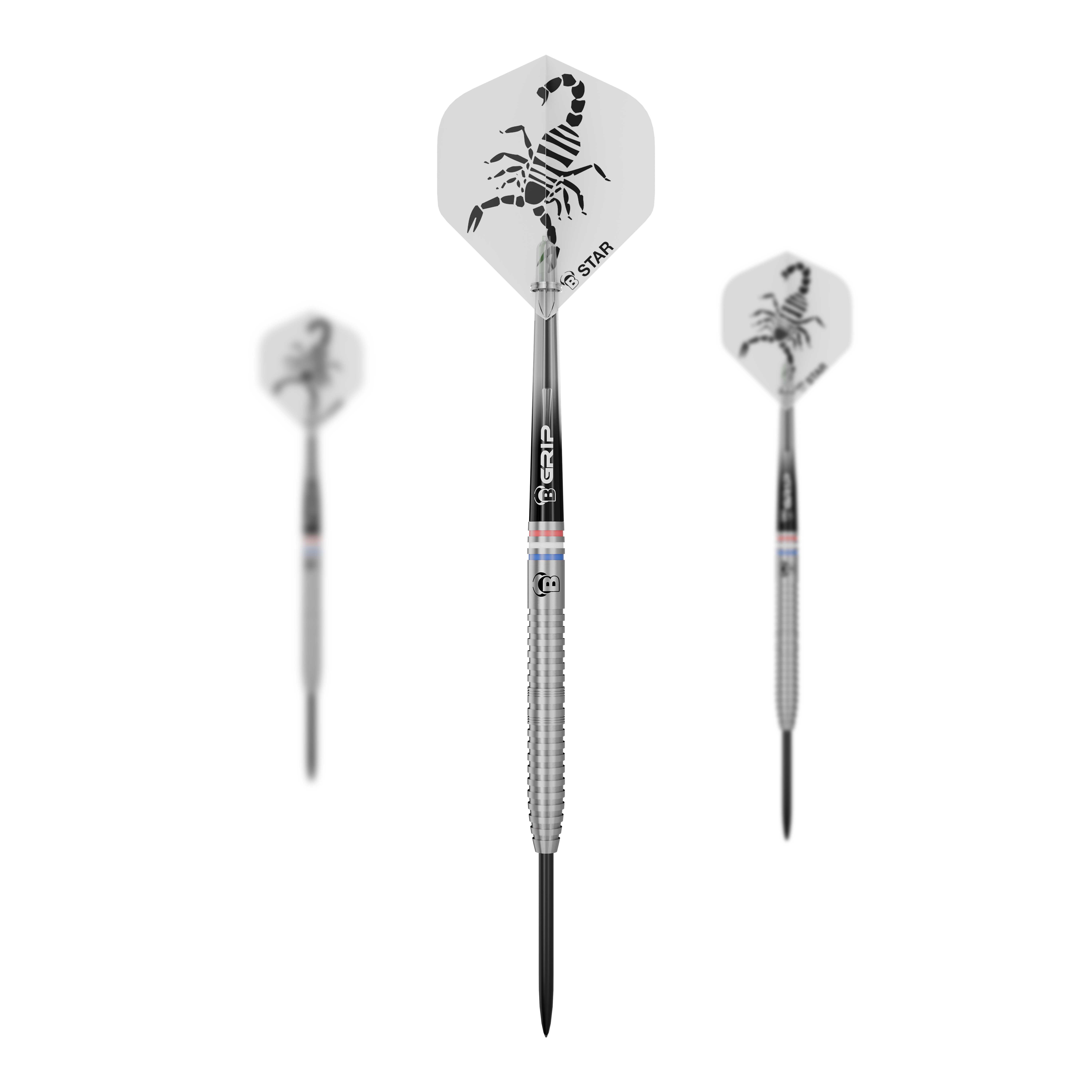Dieses Bild zeigt ein Set der Bulls Challenger Kendji Steinbach Steeldarts - 23g. Die Darts sind für Präzision und ein komfortables Spielerlebnis gestaltet.