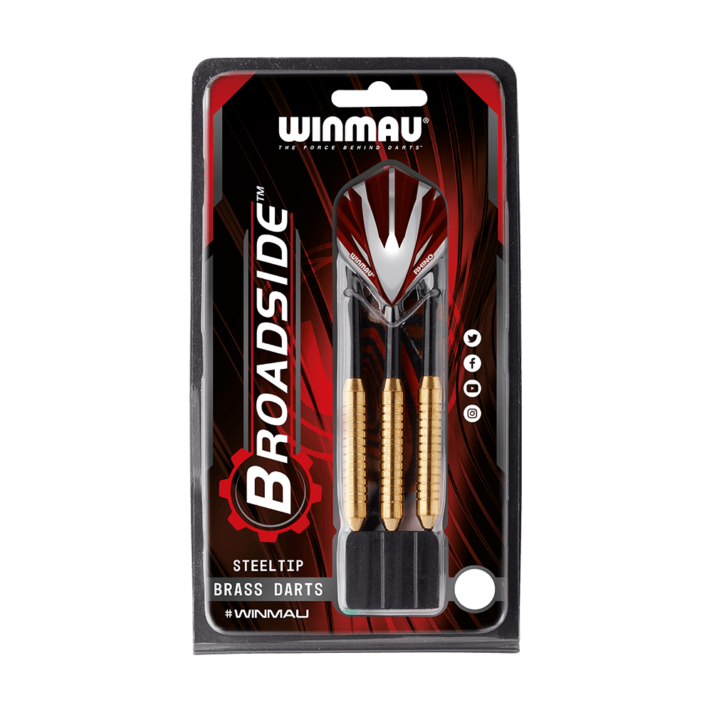 1225-22_Winmau_Broadside_Brass_Steeldarts_3 Das Bild zeigt eine Packung Winmau Broadside Brass Steeldarts mit einem Gewicht von 22g. In der Verpackung sind drei Darts mit messingfarbenen Schäften zu sehen.