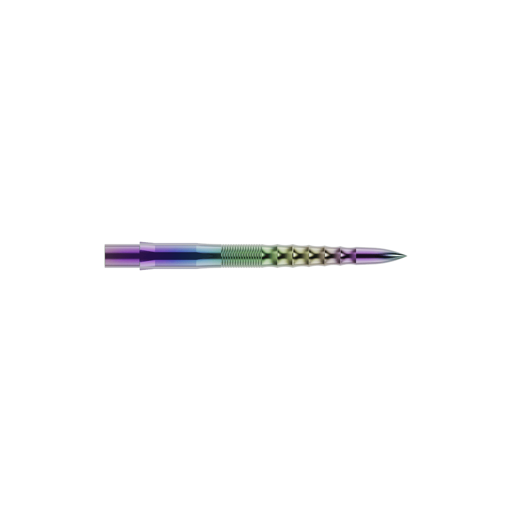 Mission Caliburn EVO dart tips - Ripple - Coral Auf dem Bild ist eine bunte Steeldartspitze mit wellenförmigem Design zu sehen. Sie hat eine glänzende Oberfläche mit Farbverlauf und ist wahrscheinlich aus Metall gefertigt.