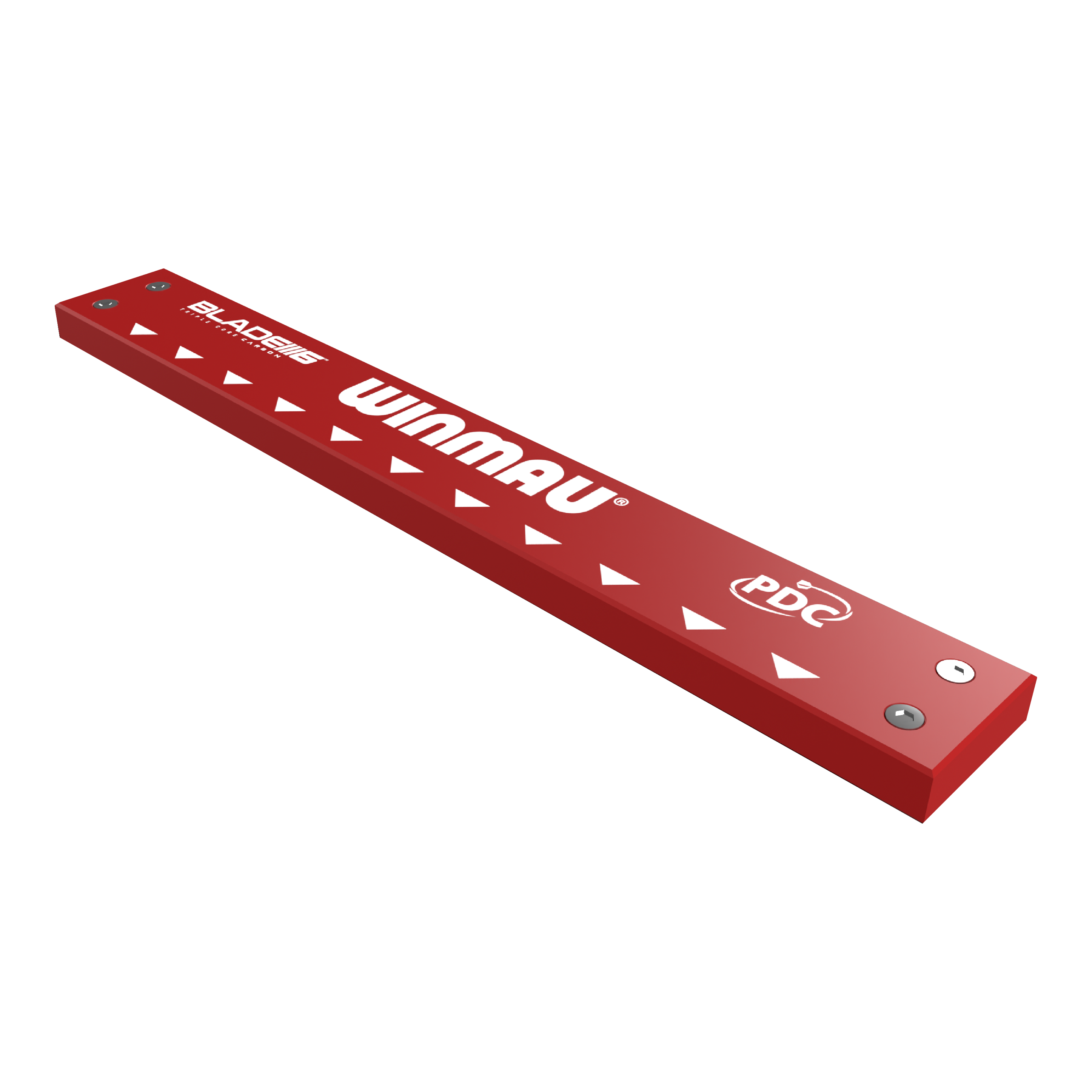 Winmau Clearzone PVC dart mat with oche Das Bild zeigt das Produkt "Winmau Clearzone PVC Dartmatte mit Oche". Es ist eine rote Dartmatte mit weißen Pfeilen und dem Winmau-Logo darauf.