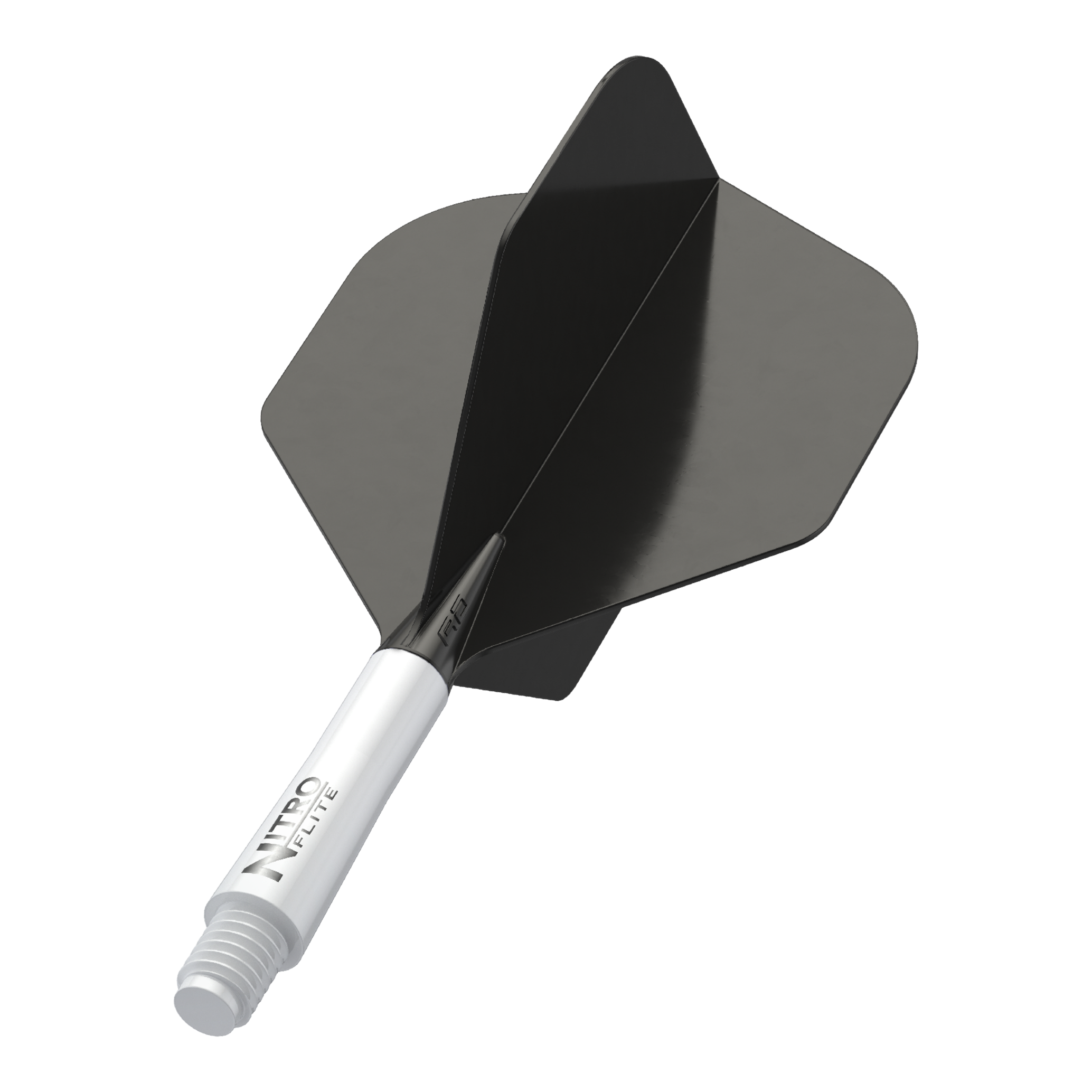 Red Dragon Nitroflite - White Shaft Black No2 Flights Das Bild zeigt einen schwarzen Dart-Flügel mit einem weißen Schaft. Auf dem Schaft steht der Text "NITRO FLITE".