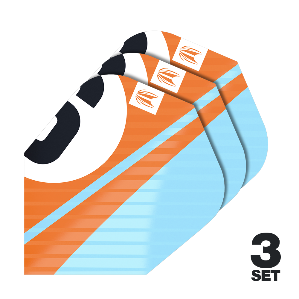 Target Pro Ultra Chicane Orange Ten-X Flights - 3 Sets Das Bild zeigt drei Sätze Target Pro Ultra Chicane Orange Ten-X Flights. Die Flights sind orange und hellblau mit einem auffälligen Design.