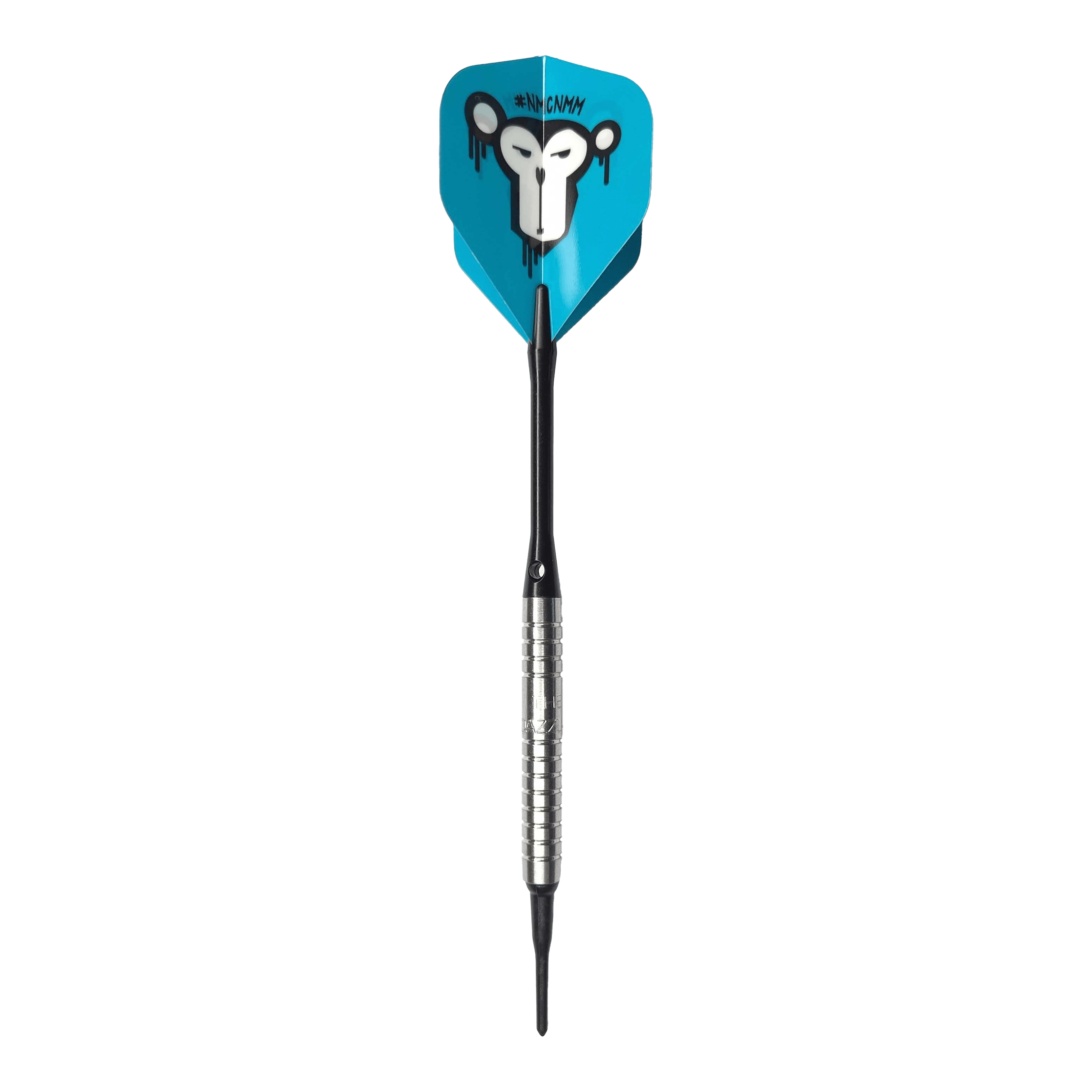 McDart 85 Tungsten V15 Softdarts - 16.5g Der McDart 85er Tungsten V15 Softdart wiegt 16,5g und hat ein silbernes, geriffeltes Barrel. Die Flights sind blau und zeigen das Bild eines stilisierten Affengesichts.