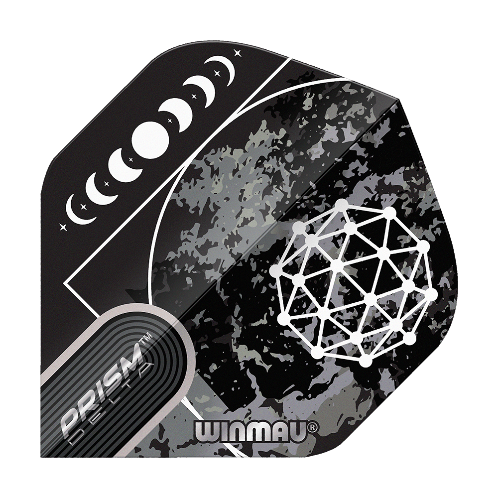 Winmau Prism Delta Callisto No2 Standard Flights Das Bild zeigt das Produkt "Winmau Prism Delta Callisto No2 Standard Flights". Es hat ein schwarzes Design mit Mondphasen und geometrischem Muster.