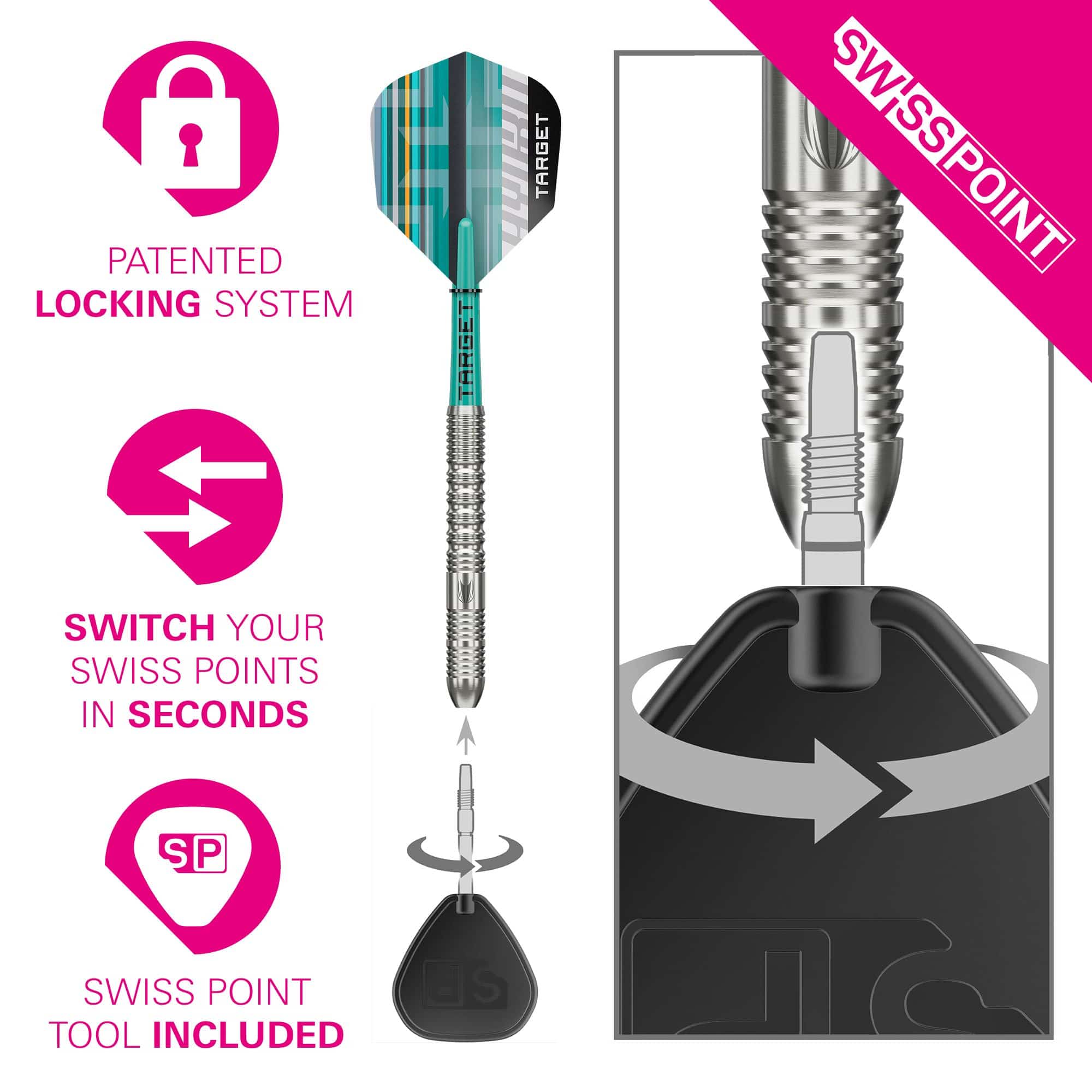 Target Hydro 01 Swiss Point steel darts Das Bild zeigt die Target Hydro 01 Swiss Point Steeldarts. Die Darts befinden sich im Fokus der Aufnahme.