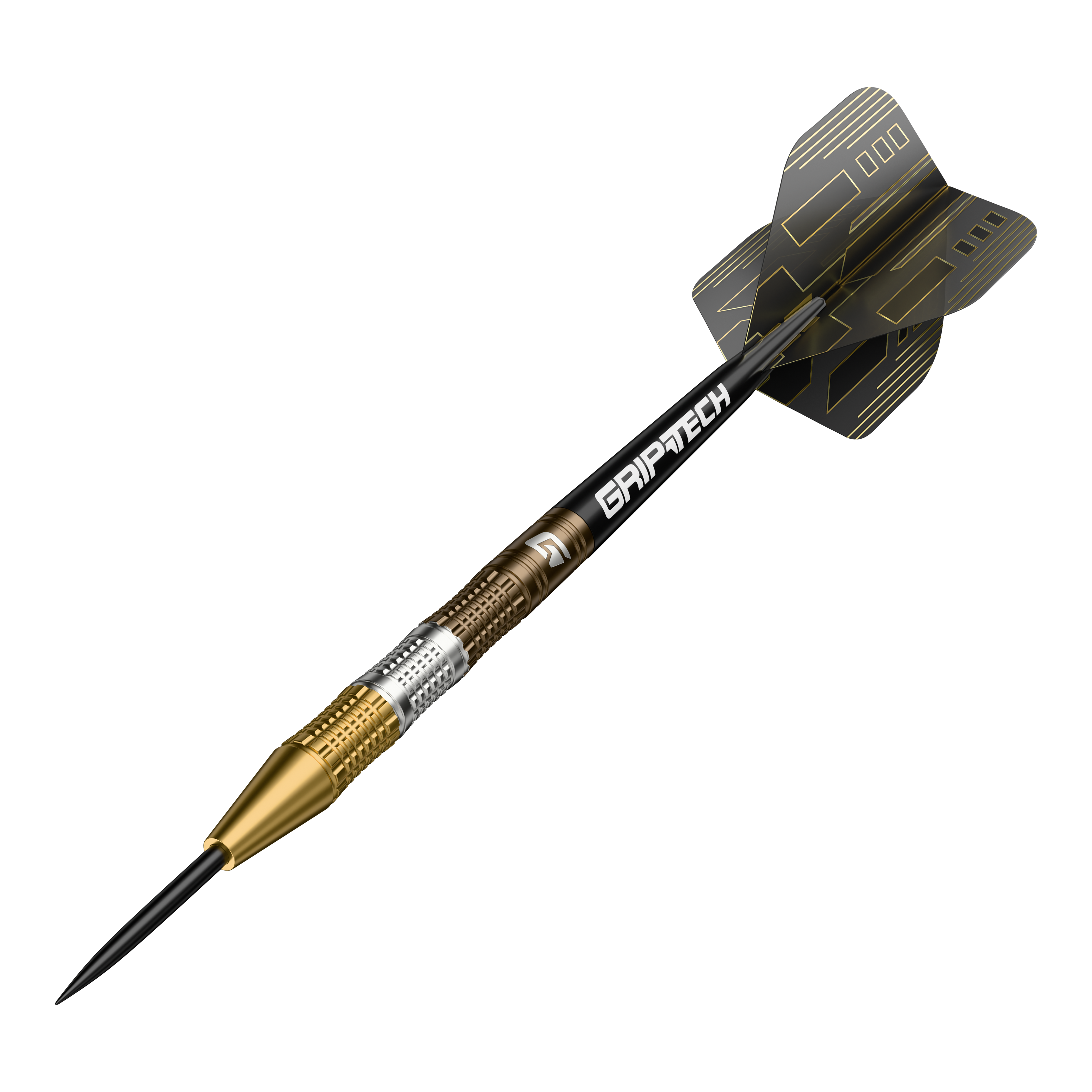 GOAT Ceremony Tungsten Steel Darts Der GOAT Ceremony Tungsten Steeldart ist ein hochwertiger Dartpfeil mit goldenen und silbernen Elementen. Auf dem Schaft steht das Wort "GRIPTECH" und die Flights sind schwarz mit goldenen Linien gestaltet.