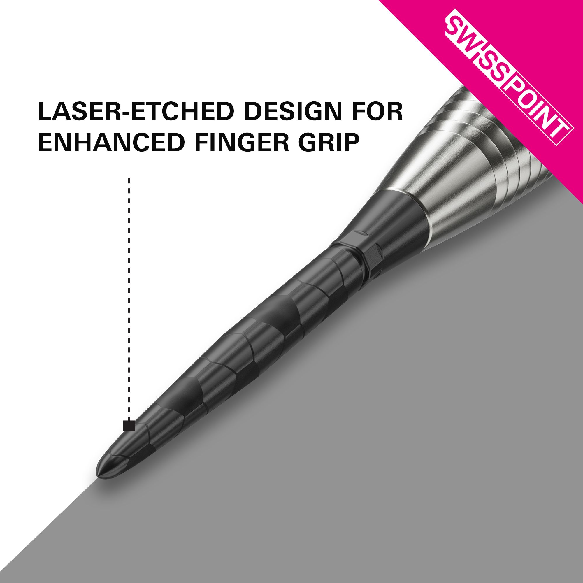 Das Bild zeigt die schwarze Target Swiss Storm Onyx Point Dartspitze. Die Spitze verfügt über ein lasergeätztes Design für verbesserten Fingergriр.