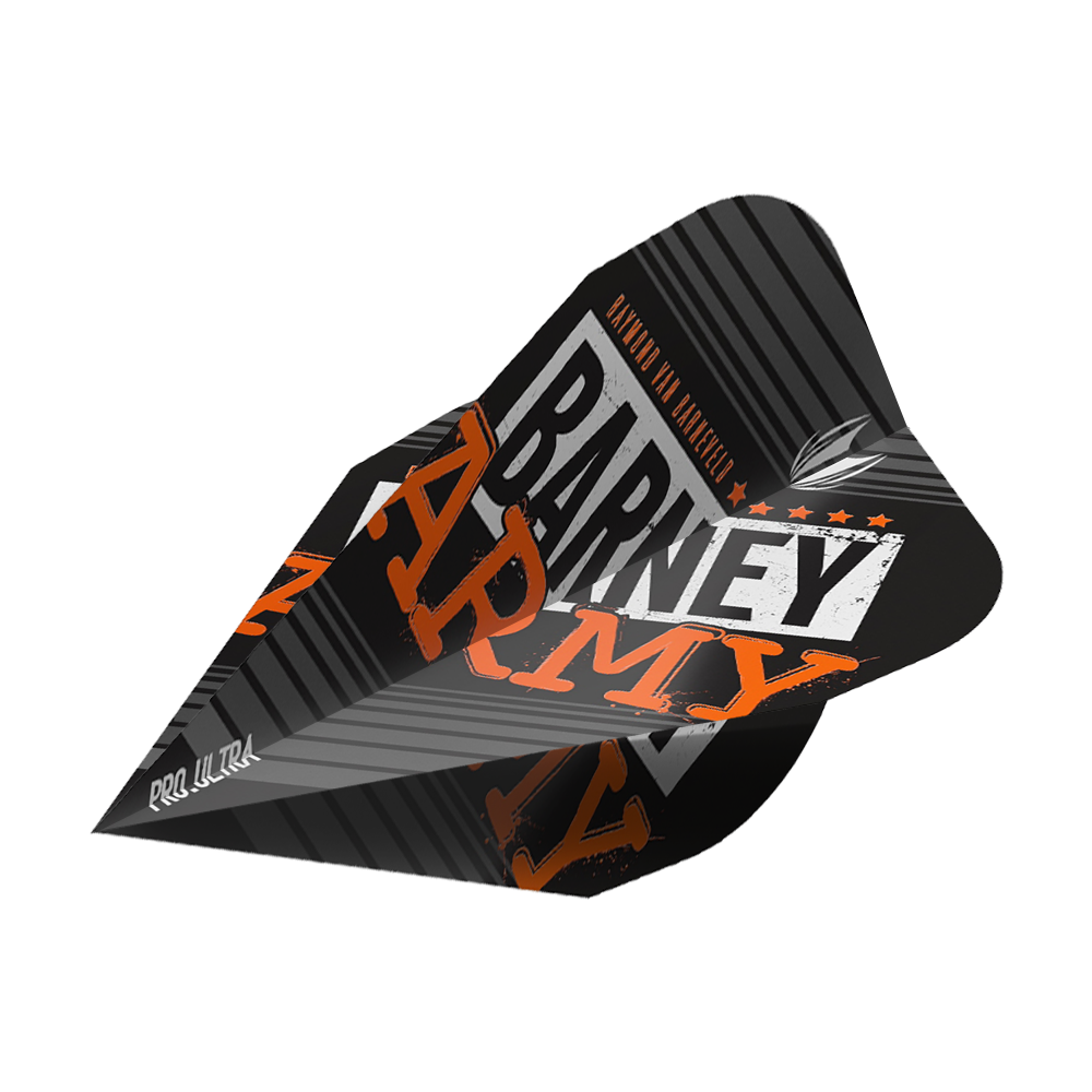 Das Bild zeigt das Produkt "Target ProUltra Barney Army Black Vapor Flights". Die Dart-Flights sind schwarz mit auffälligem orangefarbenem und weißen Aufdruck gestaltet.