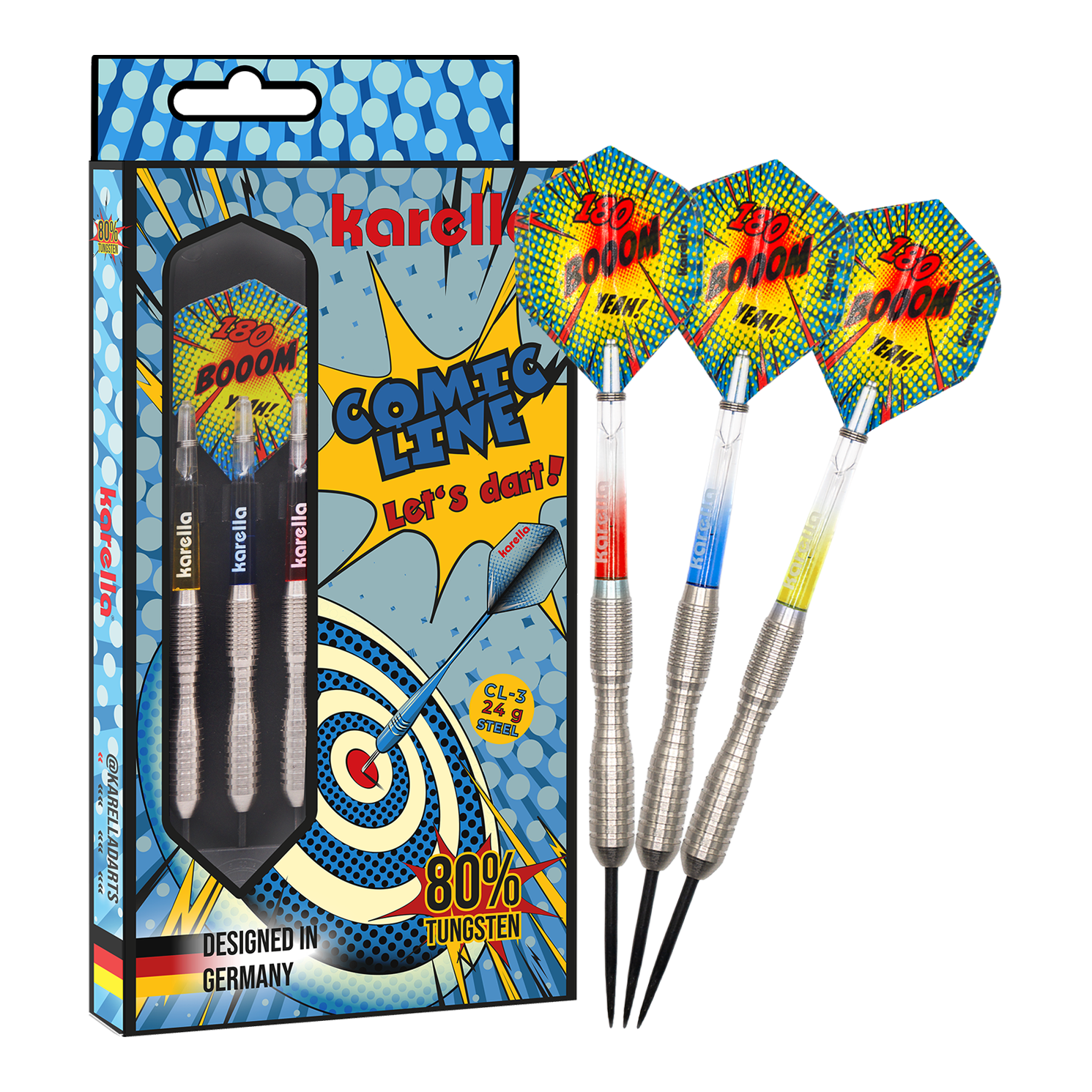 Karella Comic Line CL-3 steel darts - 24g Das Bild zeigt das Produkt Karella Comic Line CL-3 Steeldarts - 24g in voller Länge. Die Steeldarts sind klar zu erkennen.