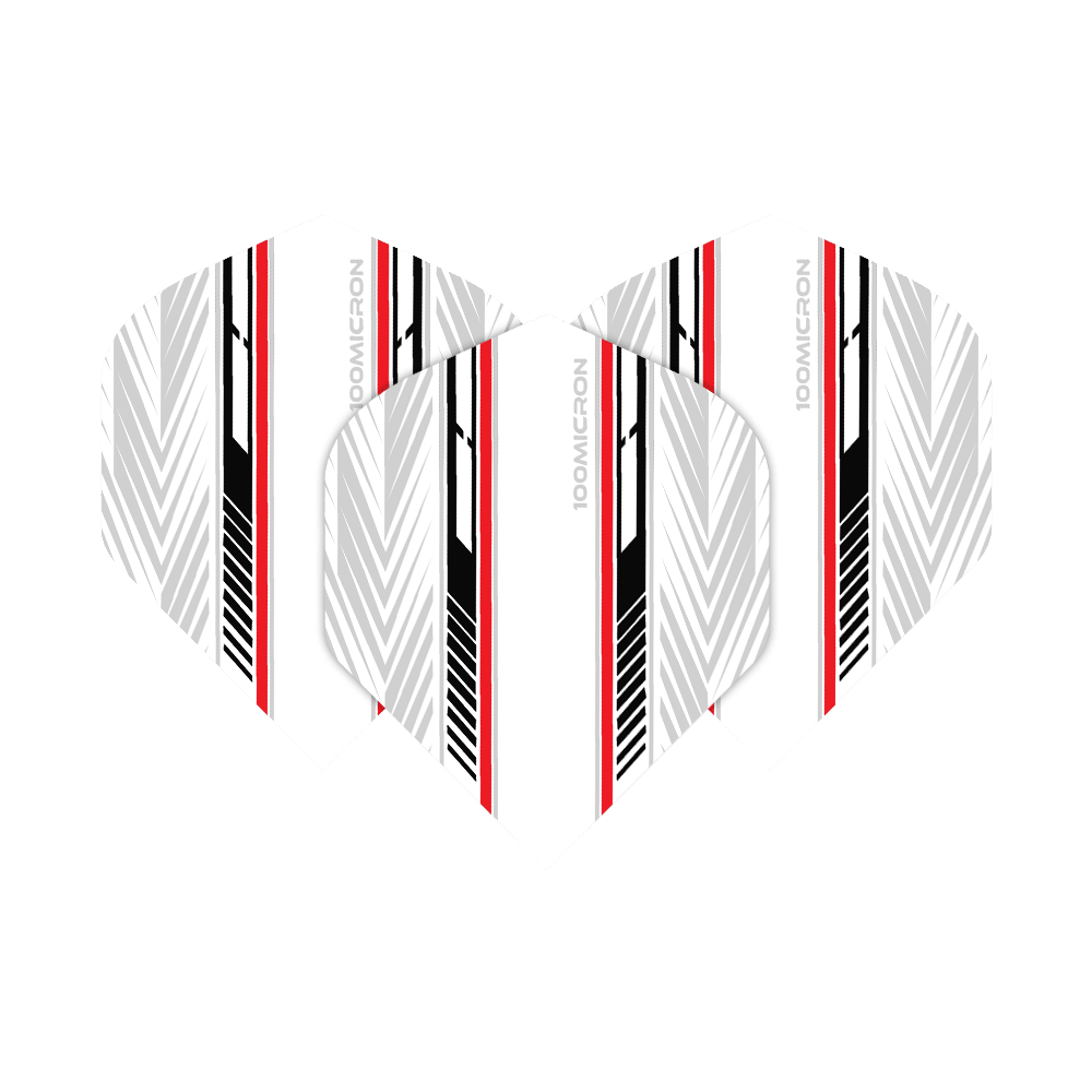 Pentathlon Flights white/black/red Das Bild zeigt die Pentathlon White Black Red No2 Standard Flights. Die Flights haben ein weißes Grunddesign mit schwarzen und roten Streifen sowie grafischen Mustern.