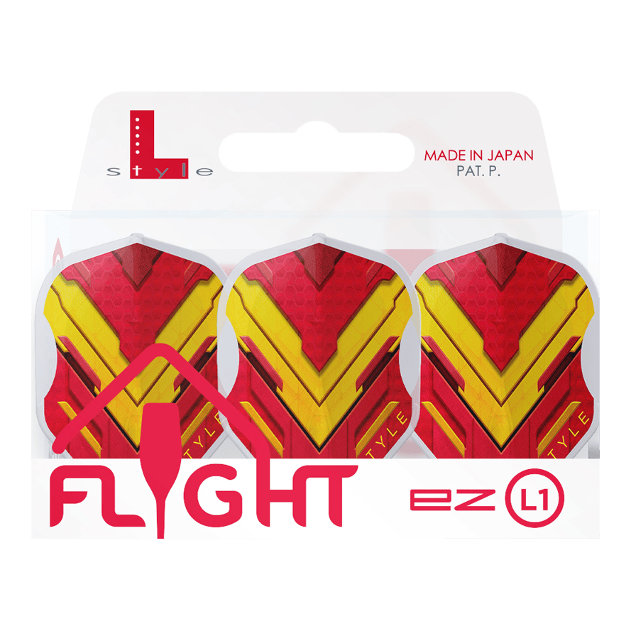 L-Style V-Series V1 Type A Spain Clear White L1EZ Flights Das Bild zeigt die L-Style V-Series V1 Type A Spain Clear White L1EZ Flights für Dartpfeile. Die Flights haben ein auffälliges rotes und gelbes Design und sind in einer transparenten Verpackung zu sehen.