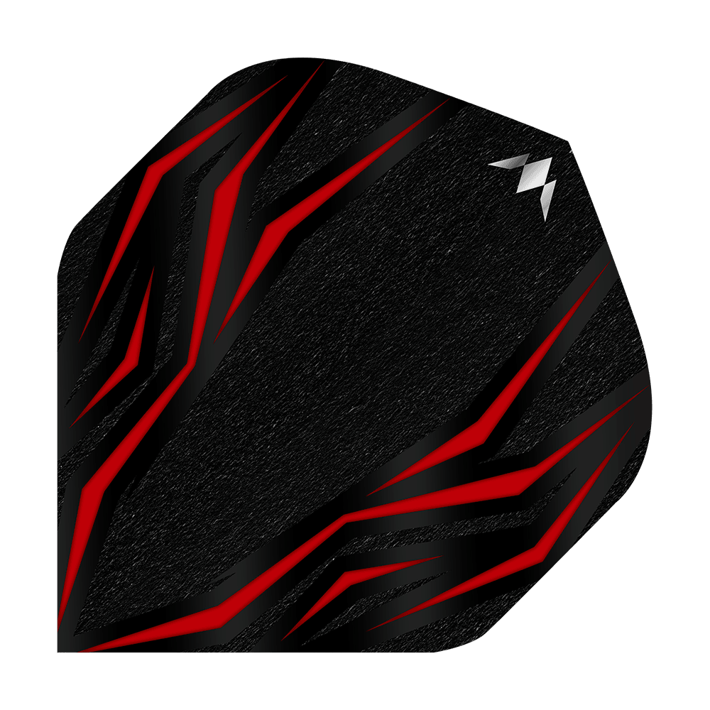 Mission Lava Red No2 Standard Flights Das Bild zeigt ein schwarzes Dartflight mit roten, flammenartigen Linien. In der oberen rechten Ecke befindet sich ein kleines, silbernes Logo.