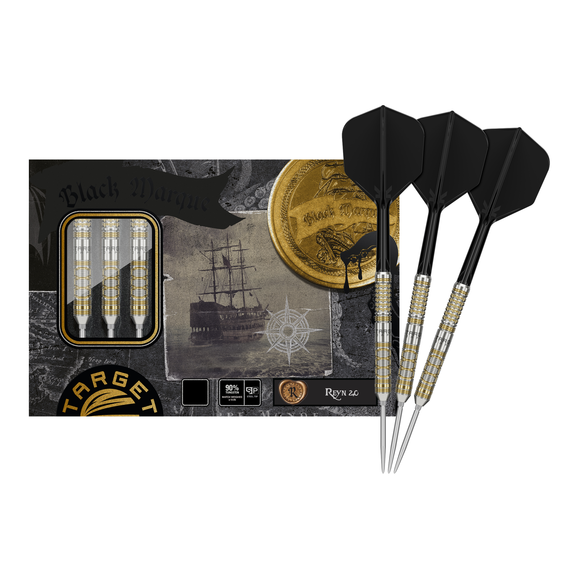 Das Bild zeigt die "Target Japan Black Marque Reyn GEN2 Steeldarts" mit ihrer Verpackung. Drei fertige Darts mit schwarzen Flights sind neben der stilvollen Box abgebildet.
