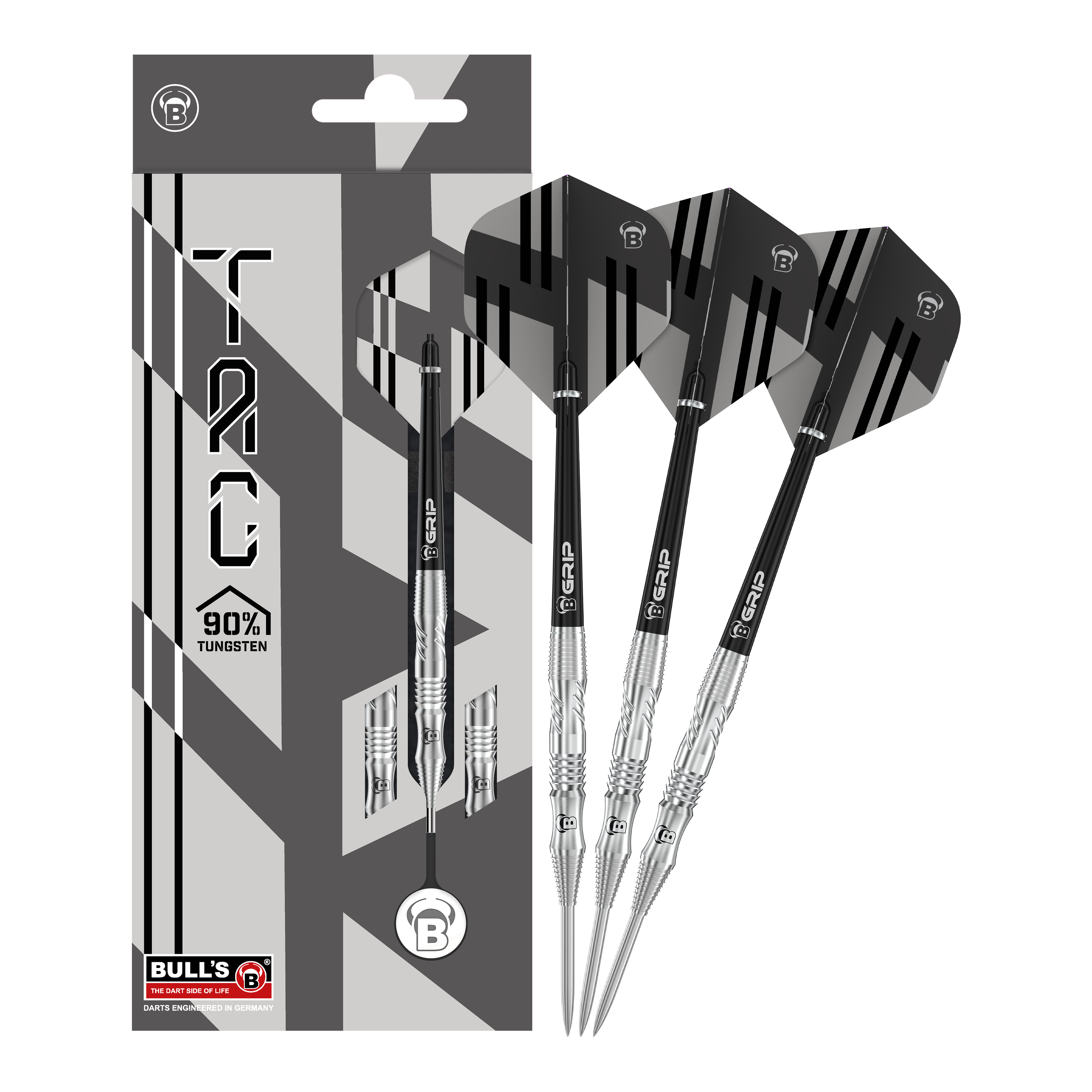 Bulls Tac T1 Steeldarts Das Bild zeigt die Bulls Tac T1 Steeldarts zusammen mit ihrer Verpackung. Die Darts bestehen zu 90% aus Tungsten und haben ein modernes, schwarz-silbernes Design.