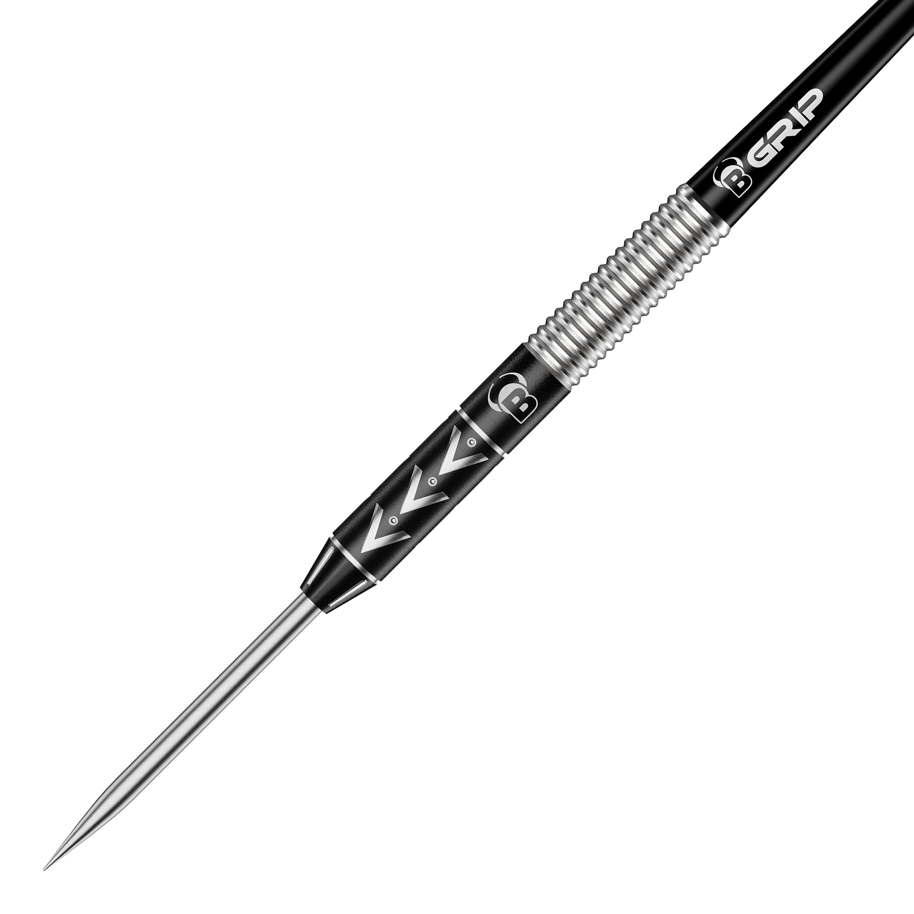 Bulls Challenger Arno Merk steel darts - 22g Das Bild zeigt einen Bulls Challenger Arno Merk Steeldart mit einem Gewicht von 22g. Der Dartpfeil hat ein silber-schwarzes Design mit markanten Rillen und einem spitzen Metallende.