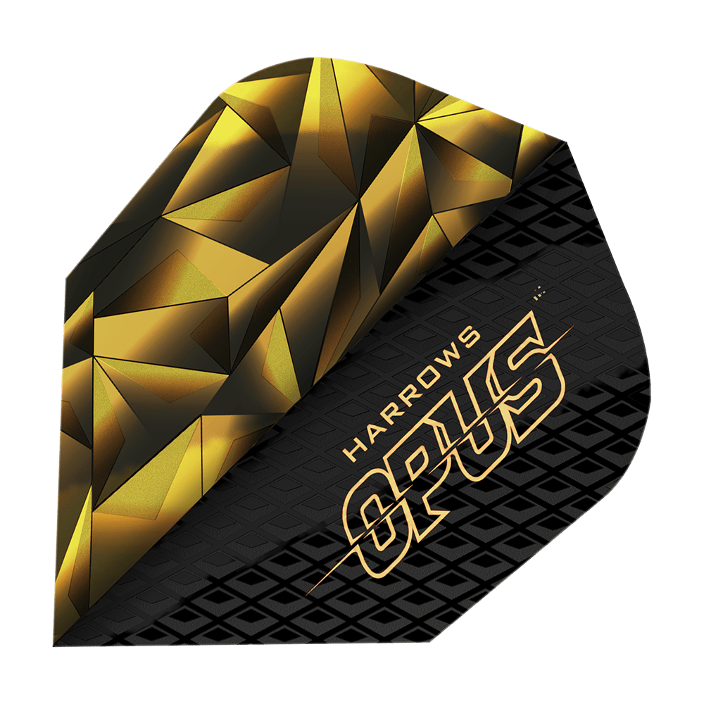 Harrow's Opus Version 1 Flights Dies ist ein Bild des Produkts "Harrows Opus Version 1 Flights". Das Flight-Design ist schwarz-golden mit geometrischen Mustern und dem Schriftzug "HARROWS OPUS".