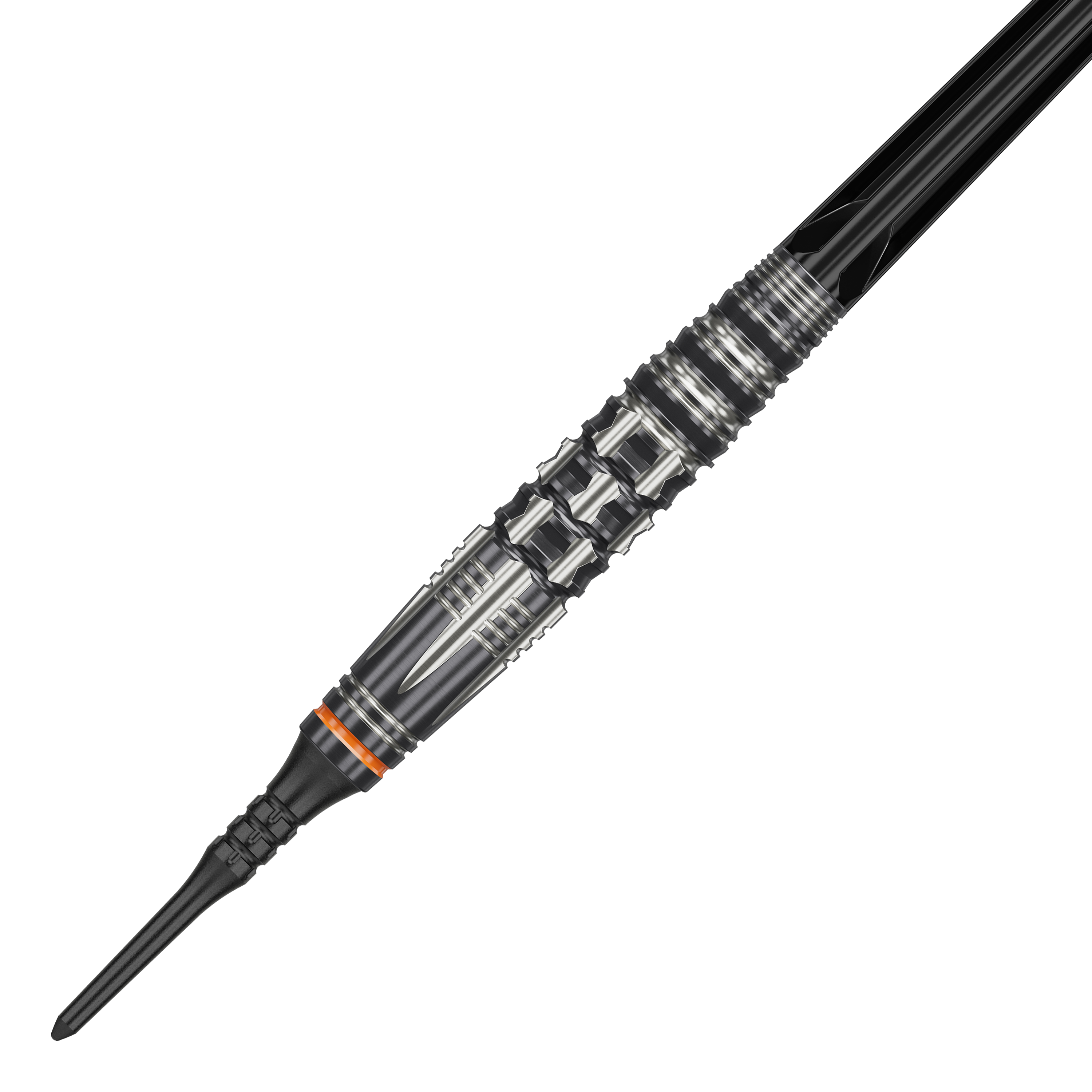 Das Bild zeigt einen Target Japan Black Marque Dancing Duck GEN 4 Softdart mit einem Gewicht von 17g. Der Dartpfeil hat ein auffälliges silber-schwarzes Design mit vielen feinen Details und einem orangefarbenen Ring.