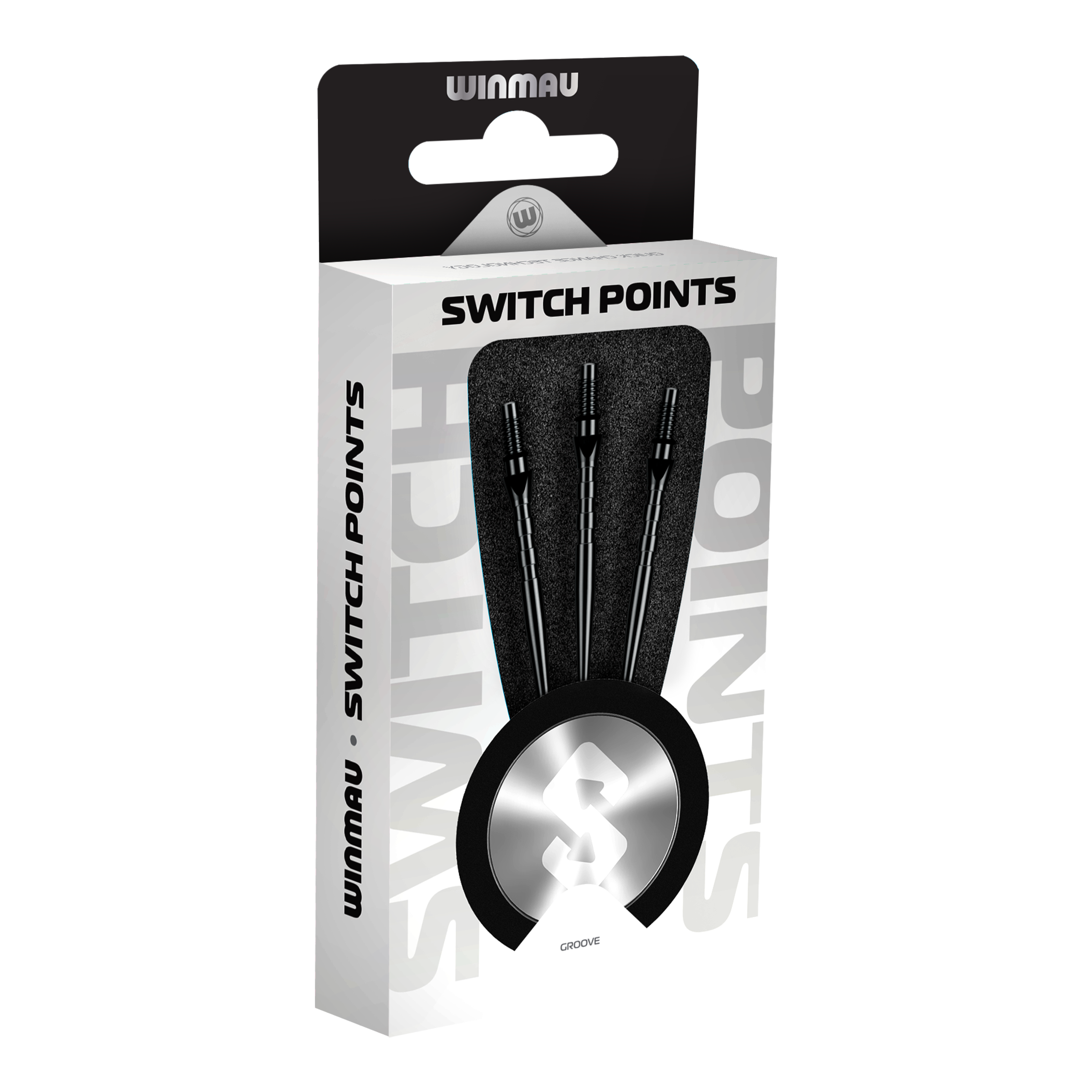 Abgebildet sind Winmau Switch Point Groove Steeldartspitzen in Schwarz. Die Dartspitzen haben Rillen und eine schwarze Farbe.