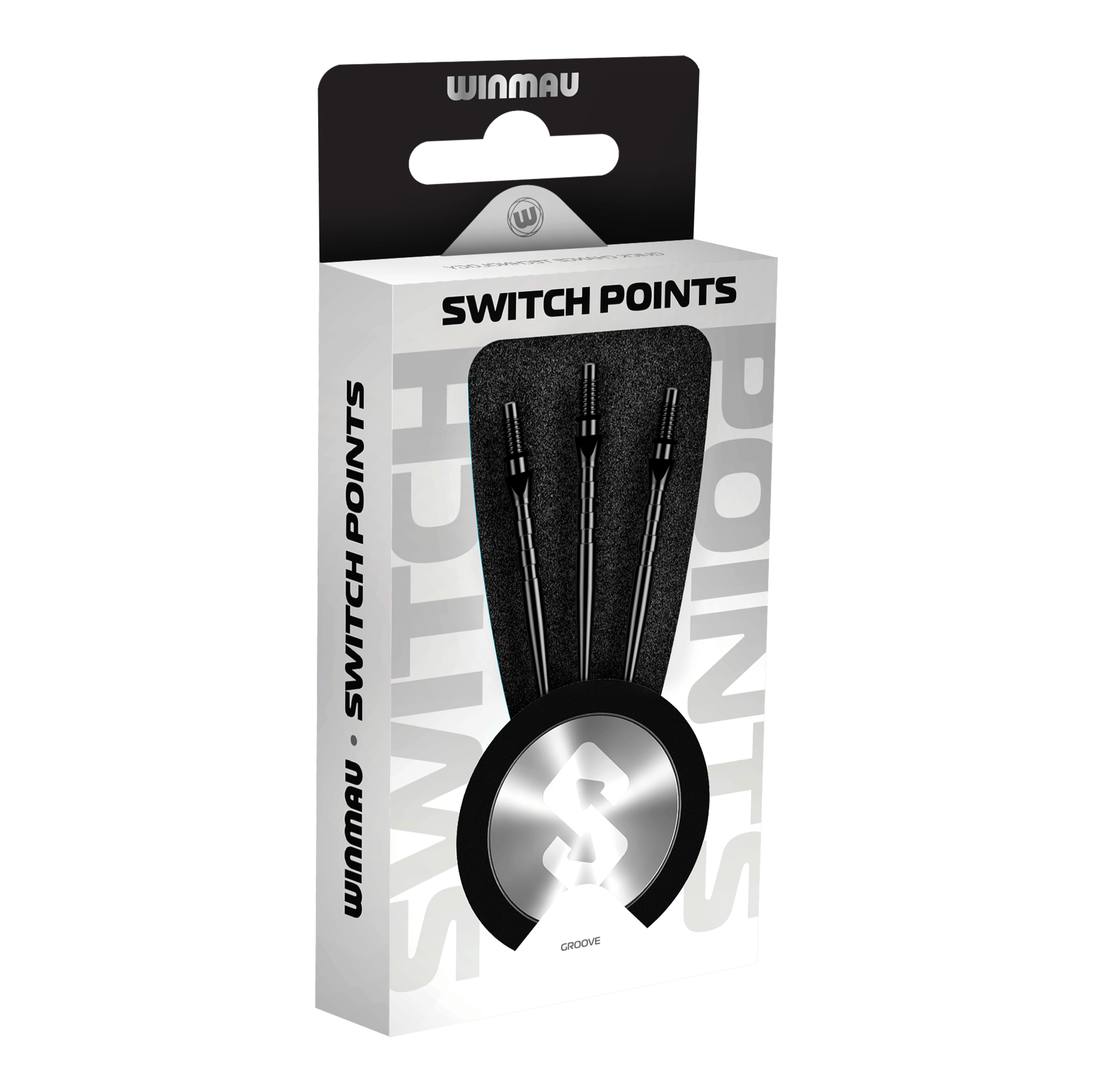 Winmau Switch Point Groove Steel Dart Tips - Black Abgebildet sind Winmau Switch Point Groove Steeldartspitzen in Schwarz. Die Dartspitzen haben Rillen und eine schwarze Farbe.