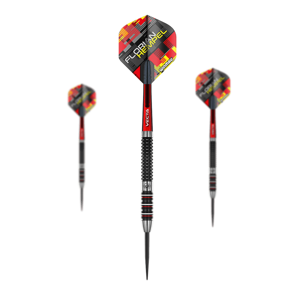 Winmau Florian Hempel steel darts Auf dem Bild sind drei Steeldarts mit schwarzer, roter und silberner Farbgebung zu sehen. Auf den Flights steht der Name "Florian Hempel" sowie das Logo von Winmau.