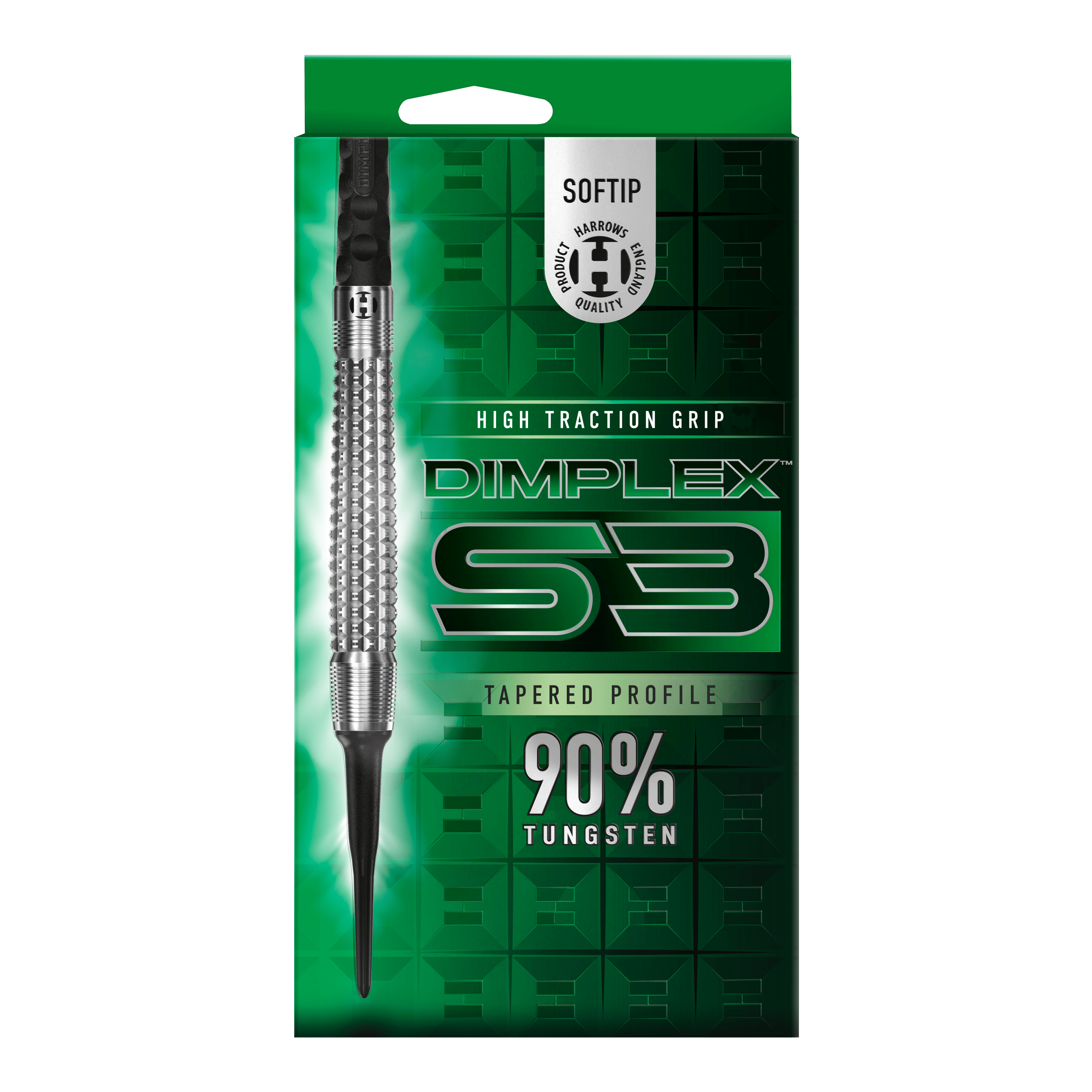 Harrows Dimplex S3 Tapered Soft Darts Das Bild zeigt die Verpackung der "Harrows Dimplex S3 Tapered Softdarts". Auf der Packung steht, dass die Darts einen hohen Grip und einen 90%igen Tungsten-Anteil haben.