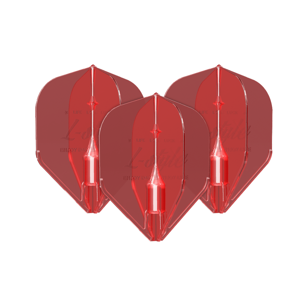 L-Style Fantom L1EZ Flights Red Das Bild zeigt drei rote Dart-Flights des Modells "L-Style Fantom L1EZ". Sie sind aus durchsichtigem Material gefertigt und haben eine klassische Form.