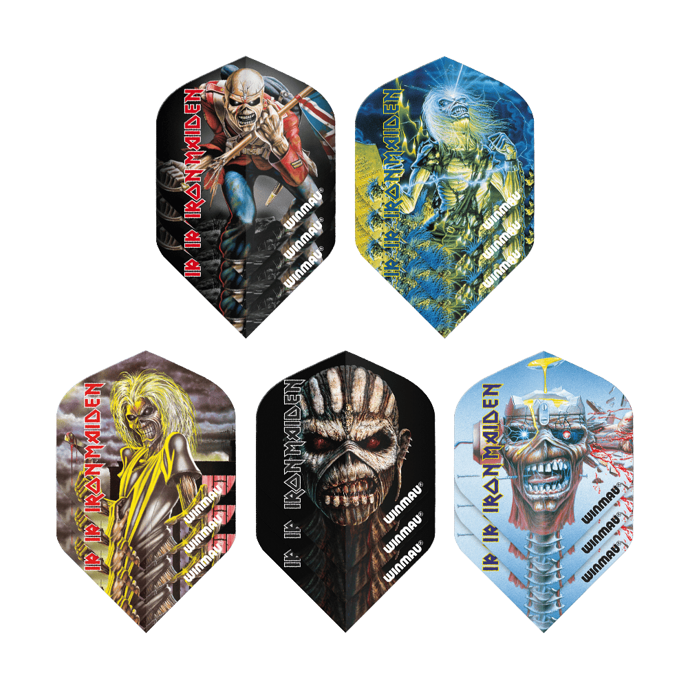 Winmau Iron Maiden Flight Selector Das Bild zeigt fünf verschiedene Dart-Flights mit Iron Maiden-Motiven der Marke Winmau. Jeder Flight hat ein einzigartiges Design im Stil der bekannten Heavy-Metal-Band.