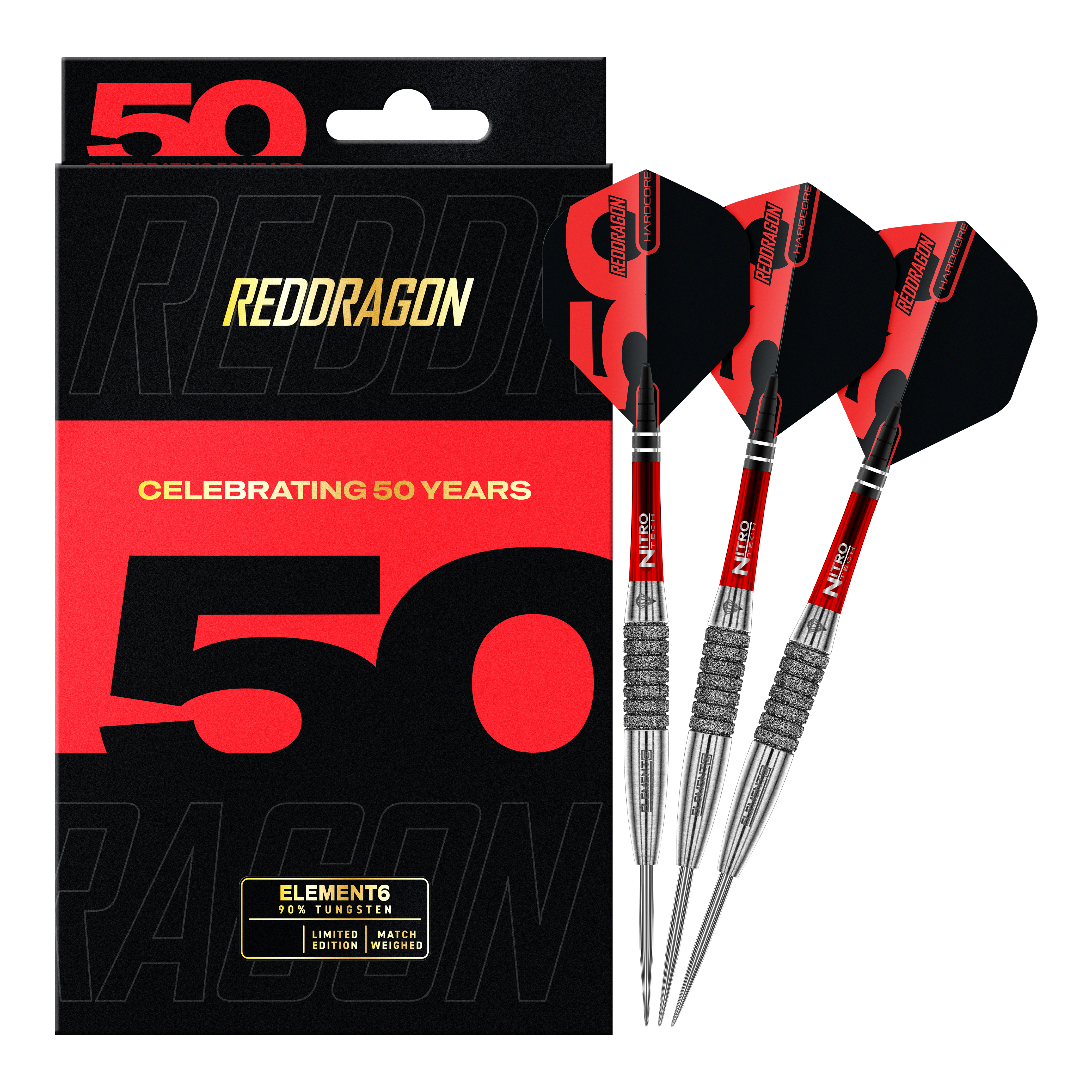 Red Dragon 50 Year Collection Element 6 C Steeldarts mit 25g Gewicht. Abgebildet ist die vollständige Dartpfeil-Kollektion als limitierte Edition.