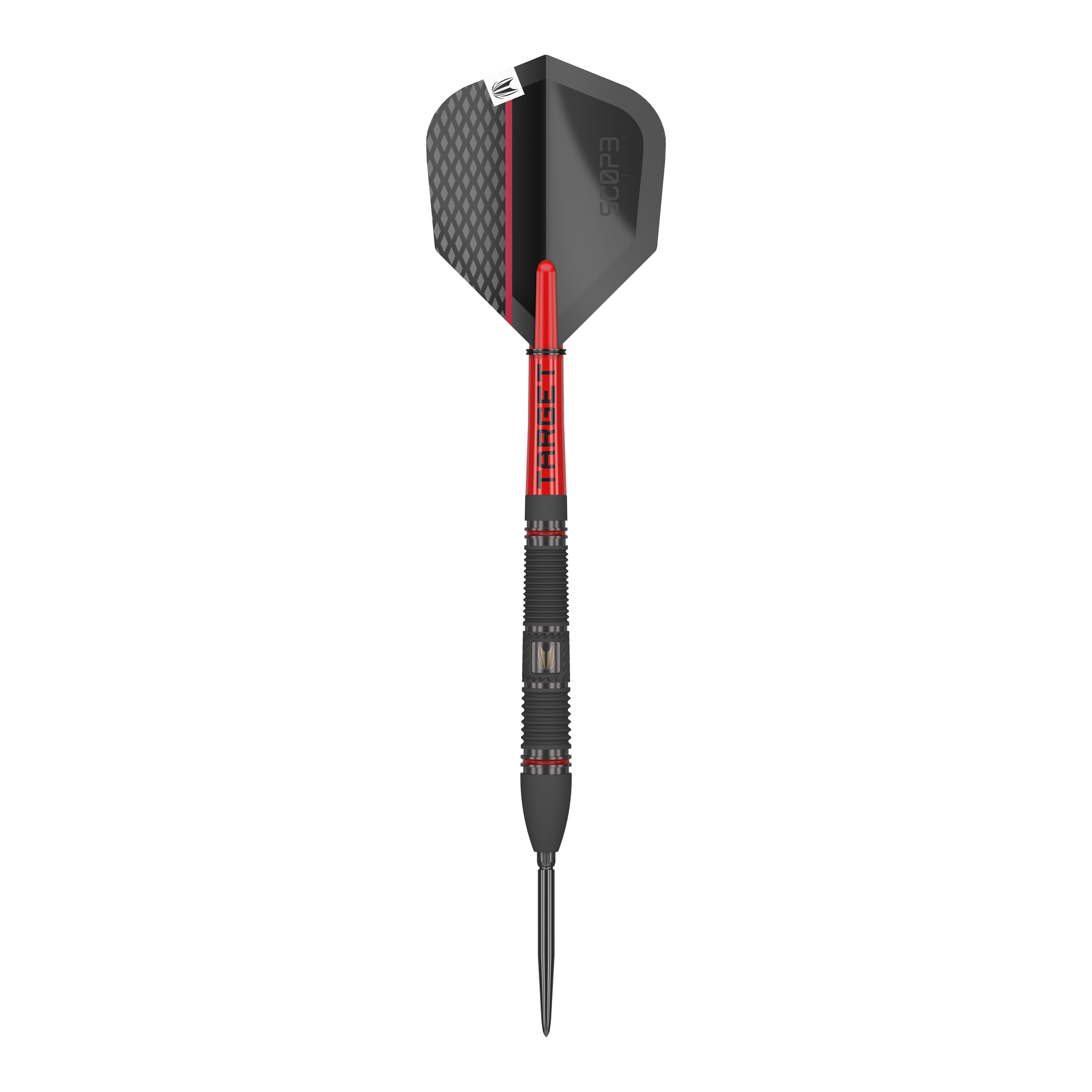 Target Scope 02 Swiss Point steel darts Das Bild zeigt einen Target Scope 02 Swiss Point Steeldart. Der Dart ist schwarz und rot gestaltet und hat eine strukturierte Spitze sowie ein modernes Flight-Design.