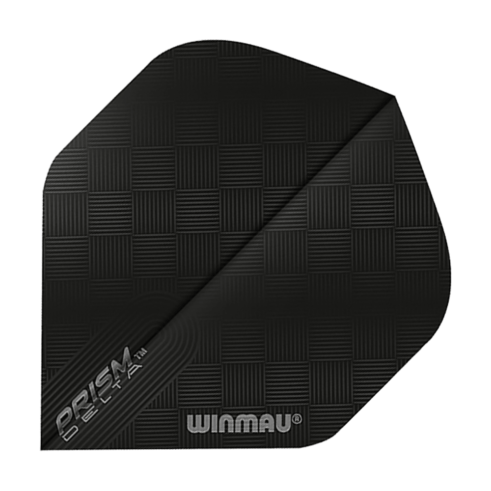 6915-201_Winmau_Prism_Delta_6915-201_Standard_Flights_1 Das Bild zeigt ein schwarzes Dart-Flight mit dem Namen "Winmau Prism Delta 6915.201 Standard Flights". Auf dem Flight sind die Schriftzüge "PRISM DELTA" und "WINMAU" zu sehen.