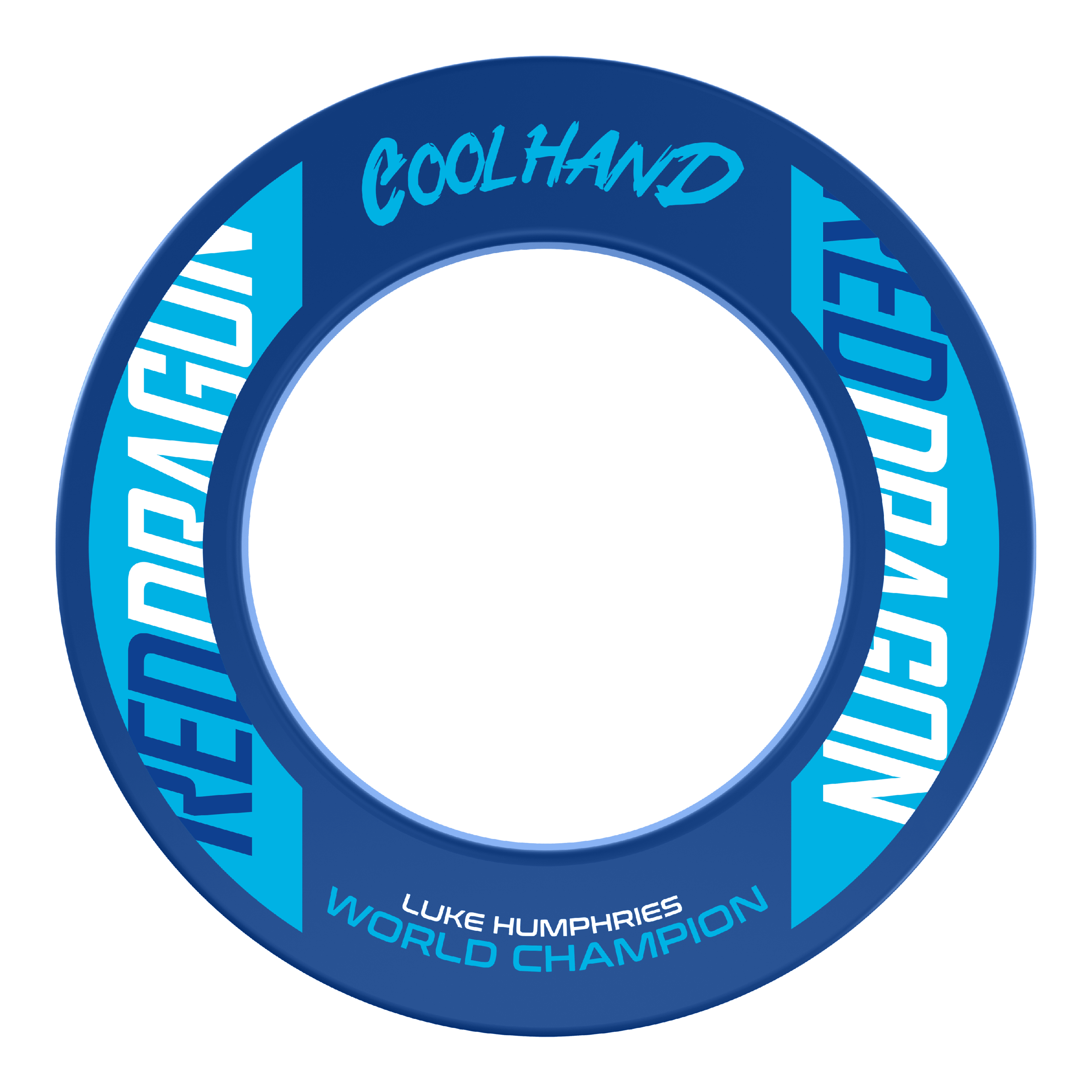 Red Dragon Luke Humphries World Champion Dartboard Surround Das Bild zeigt den "Red Dragon Luke Humphries World Champion Dartboard Surround" in Blau mit weißen und hellblauen Schriftzügen. Auf dem Produkt stehen die Wörter "Coolhand", "Red Dragon" und "Luke Humphries World Champion".