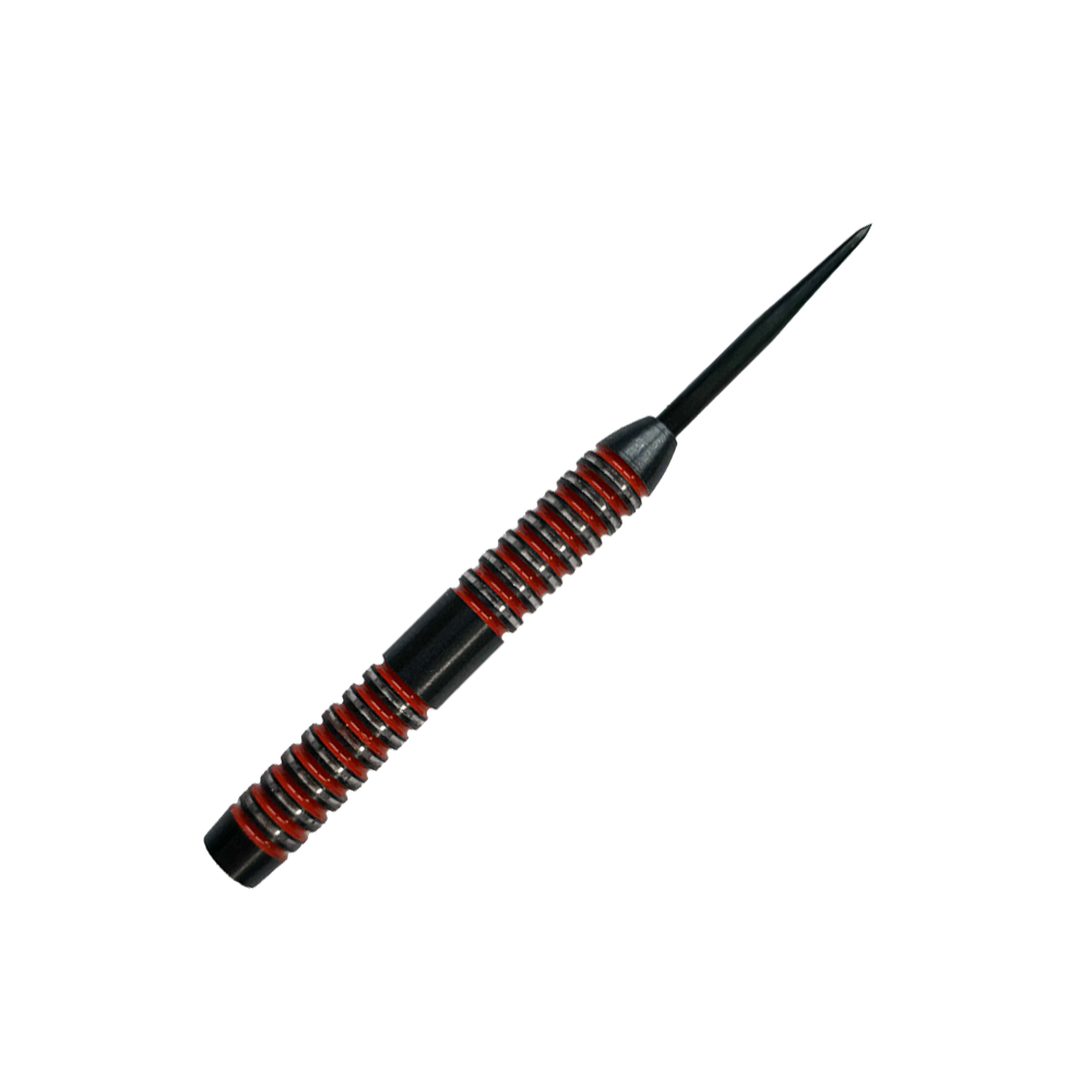 McDart Crimson Steeldart Barrels Das Bild zeigt einen McDart Crimson Steeldart Barrel. Der Barrel ist schwarz mit auffälligen roten Ringen und hat ein gerilltes Design für besseren Halt.