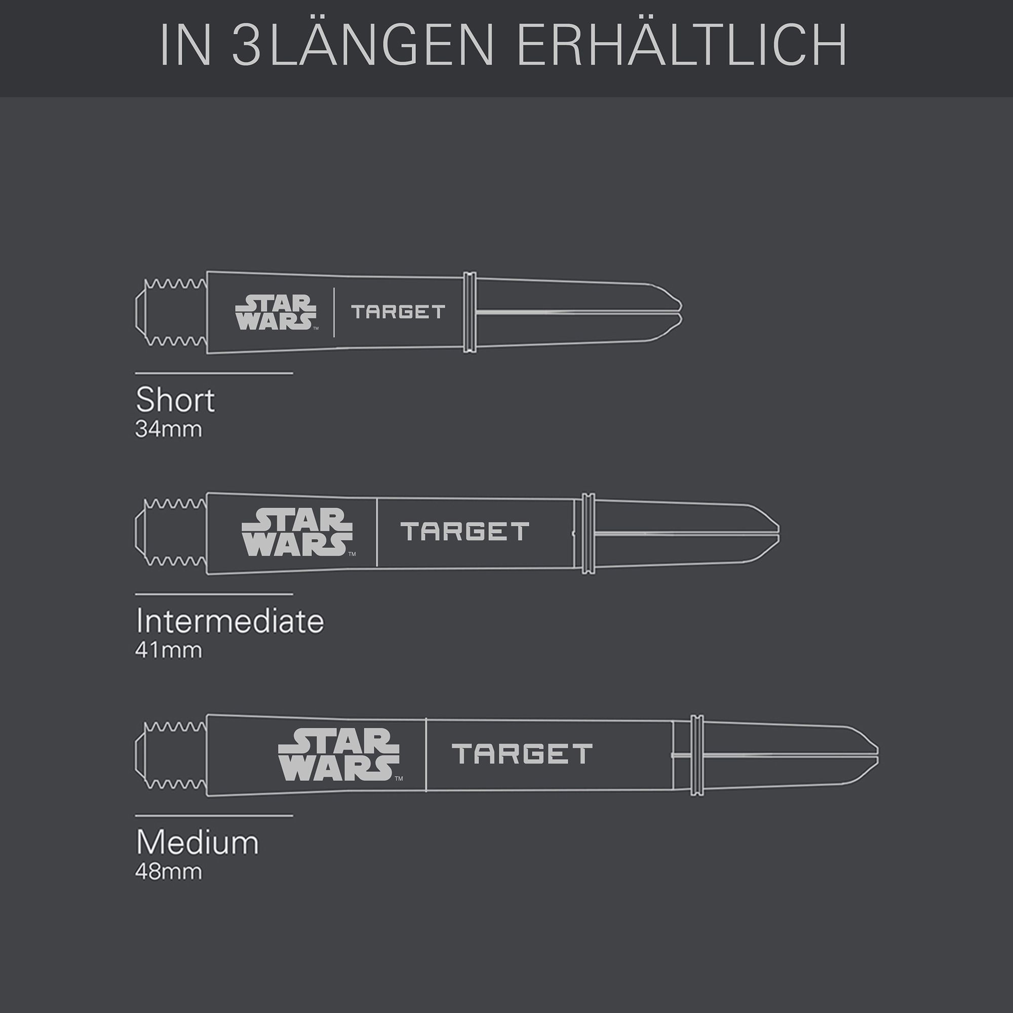 Target Star Wars ProGrip Shafts - Black Zu sehen sind die Target Star Wars ProGrip Shafts in schwarzer Ausführung. Die Schäfte sind speziell für Dartspieler gestaltet.
