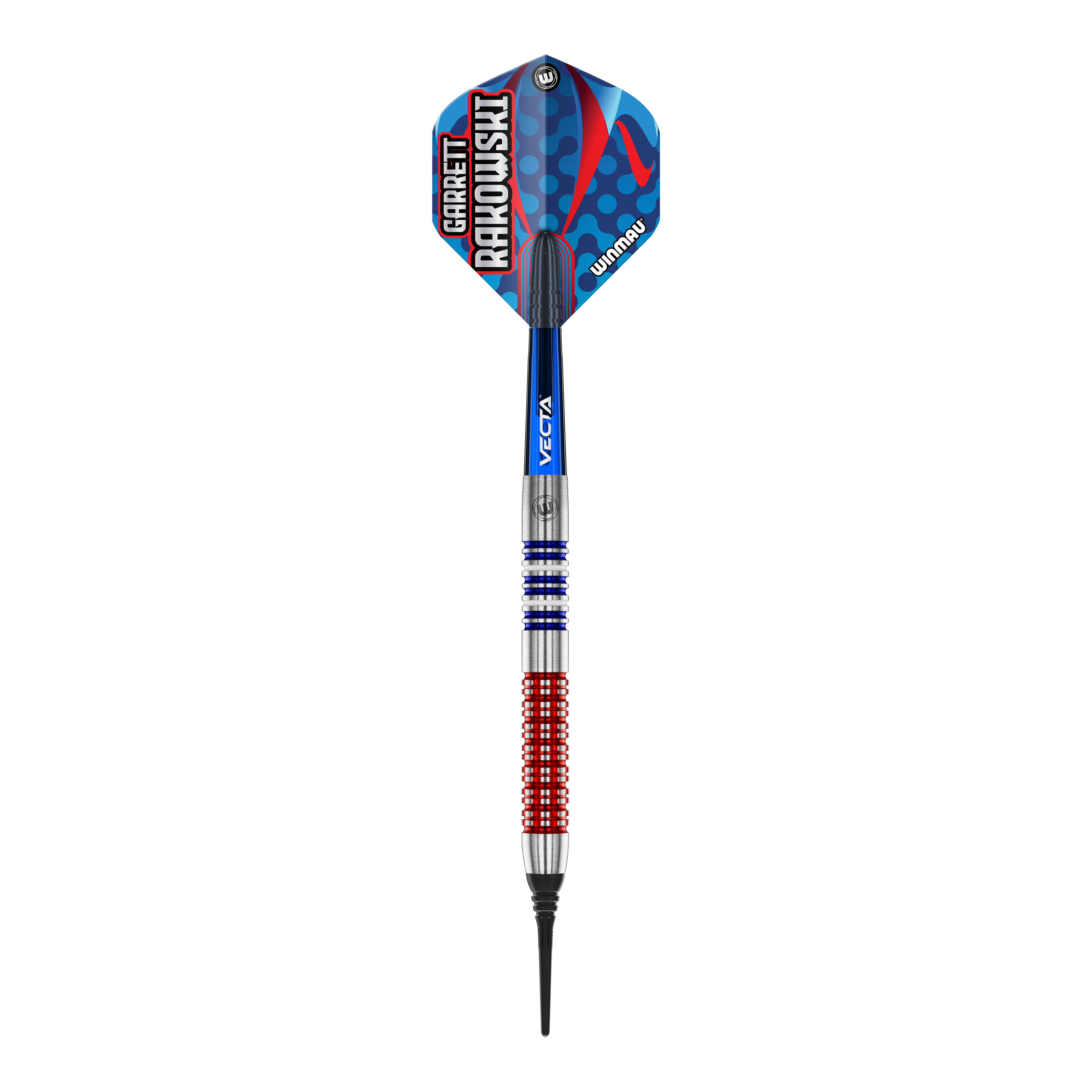 Winmau Garrett Rakowski soft darts - 20g Das Bild zeigt einen Winmau Garrett Rakowski Softdart mit einem Gewicht von 20g. Der Dart hat ein farbenfrohes, modernes Design mit blauen, roten und silbernen Elementen.